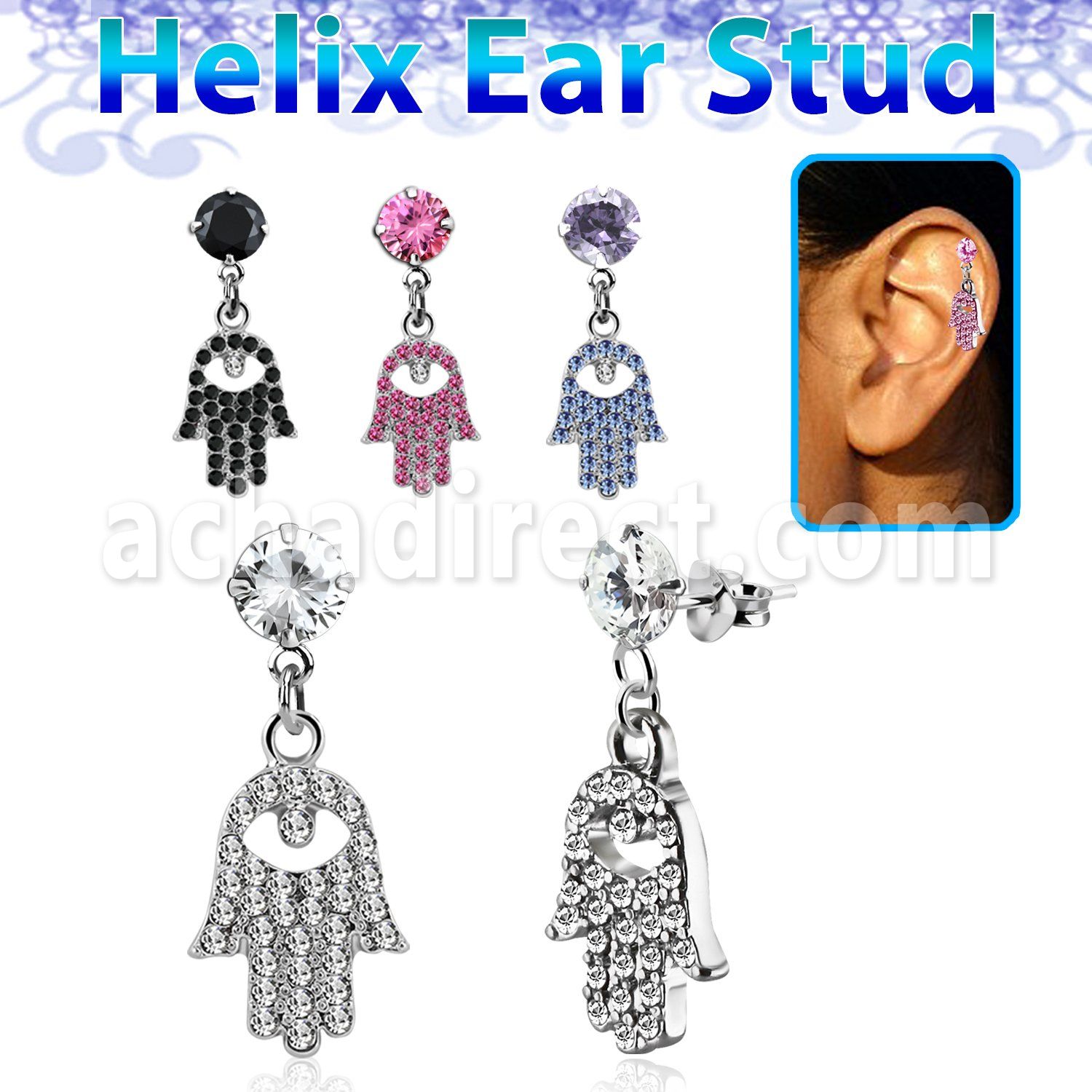 hexzd35 piercing helix plata esterlina zirconia 6mm mano fatima cristal eja al por mayor