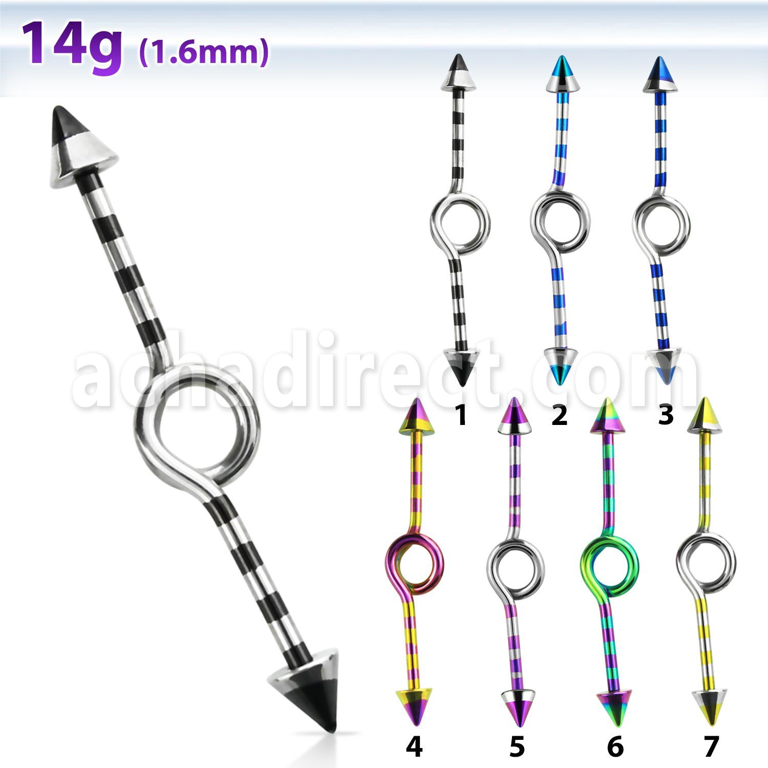 idbtn14 barbell industrial loop con aro acero 316l pvd rayas cebra conos 5mm 35mm al por mayor