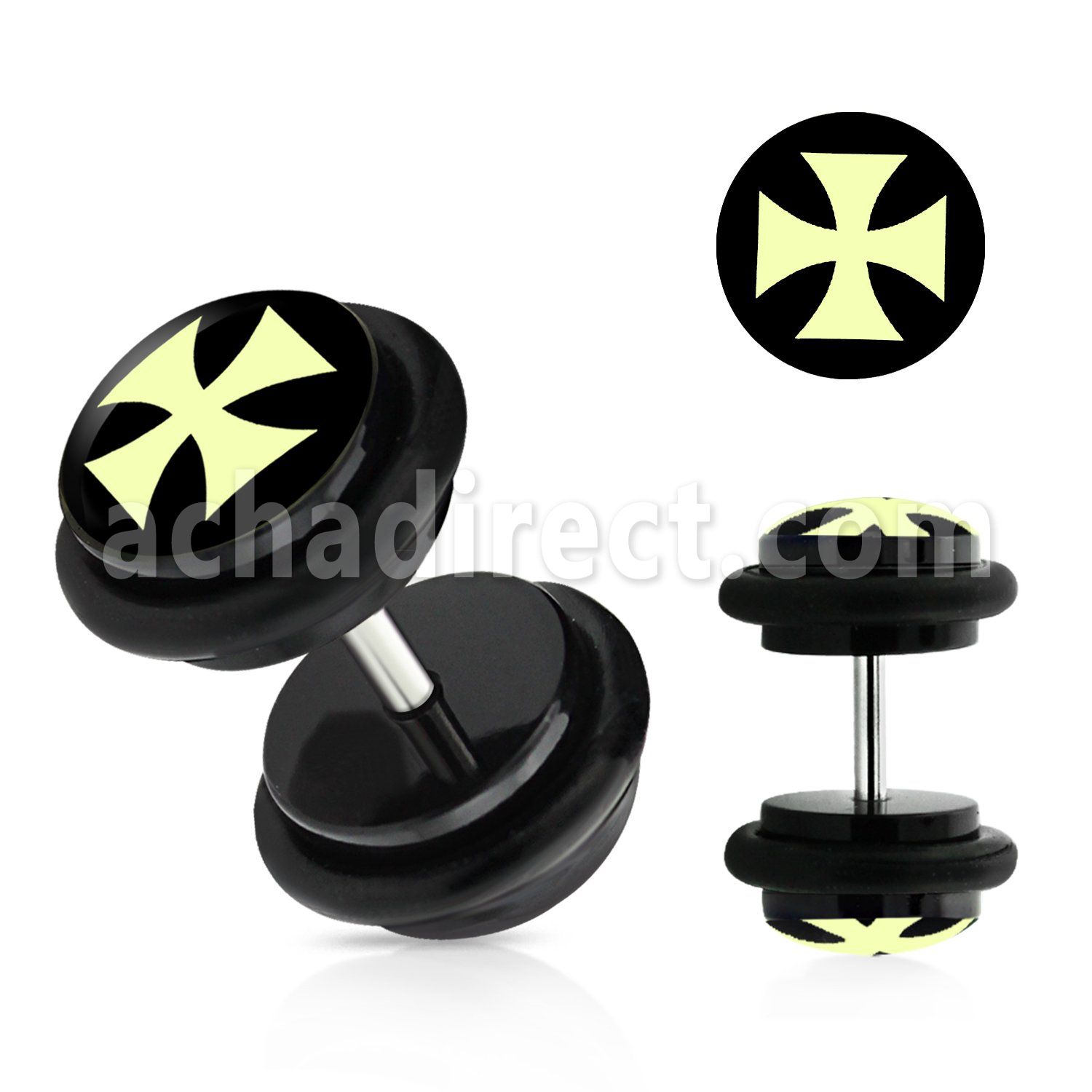 ilvgr64 plug falso acrilico negro logo cruz hierro blanca fondo negro anillos goma 8mm al por mayor