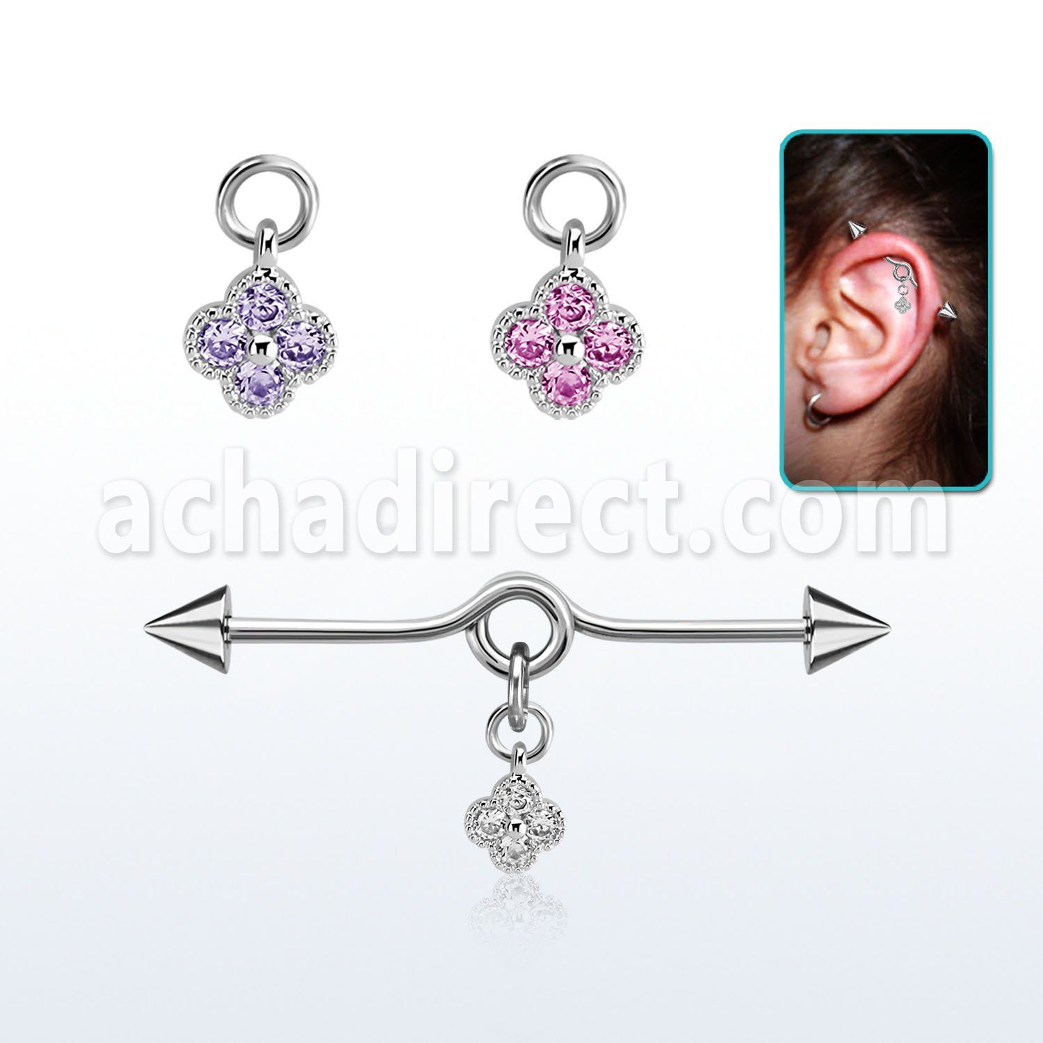 incndz1 barbell industrial loop acero 316l conos 5mm colgante flor zirconia plata mayorista