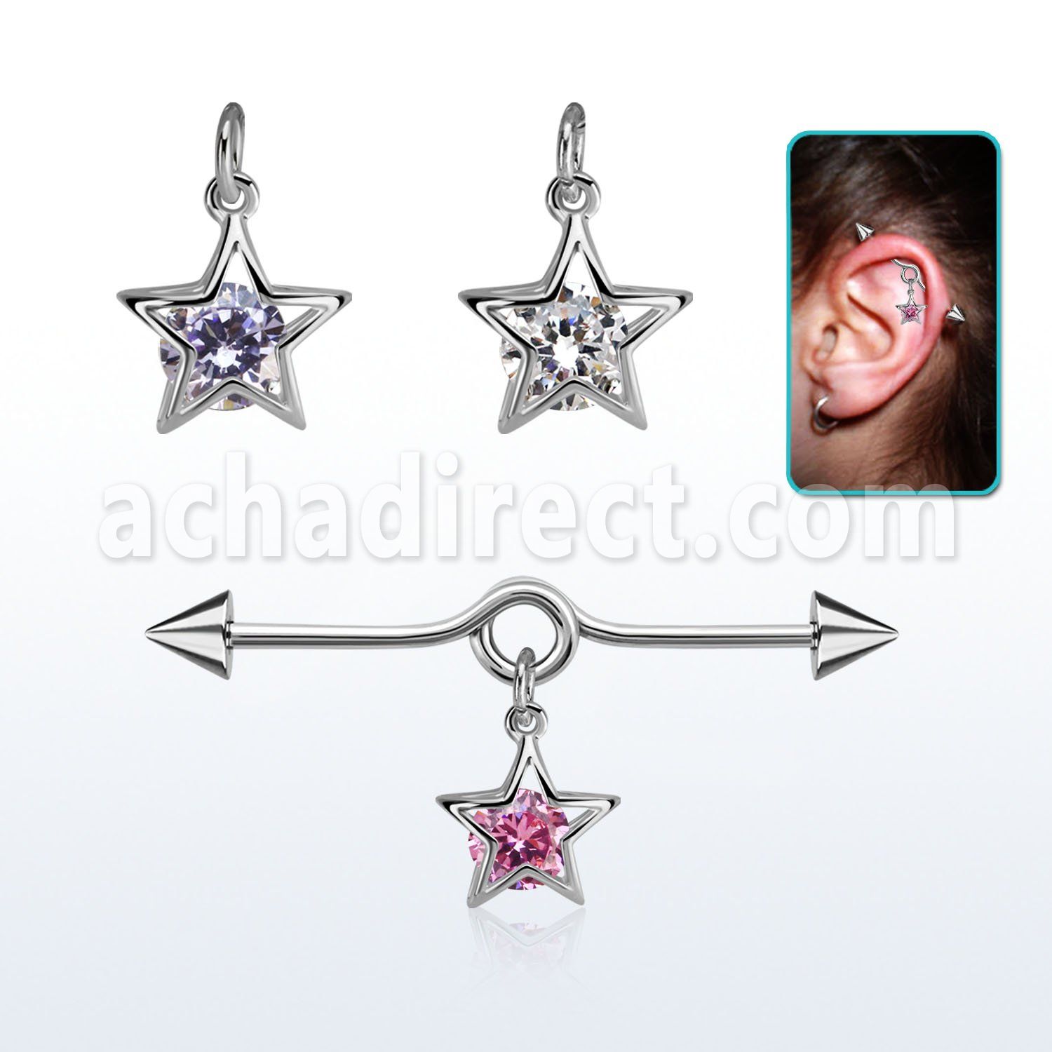 incndz3 barbell industrial loop acero 316l conos 5mm colgante estrella zirconia redonda plata mayorista