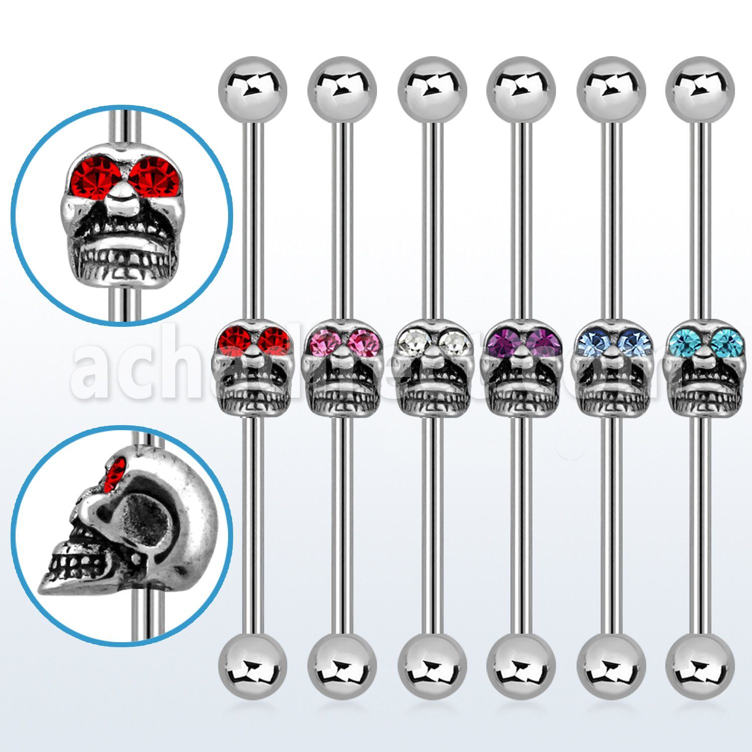 indsh4 barbell industrial acero 316l bolas arriba abajo 5mm calavera fundida centro barra ojos cristal al por mayor