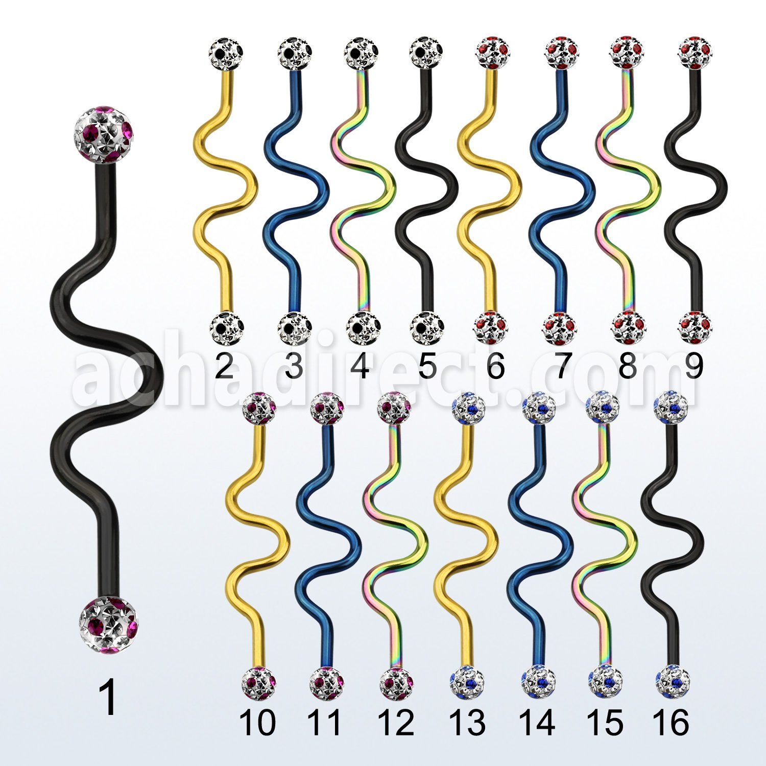 intafr5a barbell industrial zig zag acero 316l anodizado bolas multi cristal 5mm puntos al por mayor