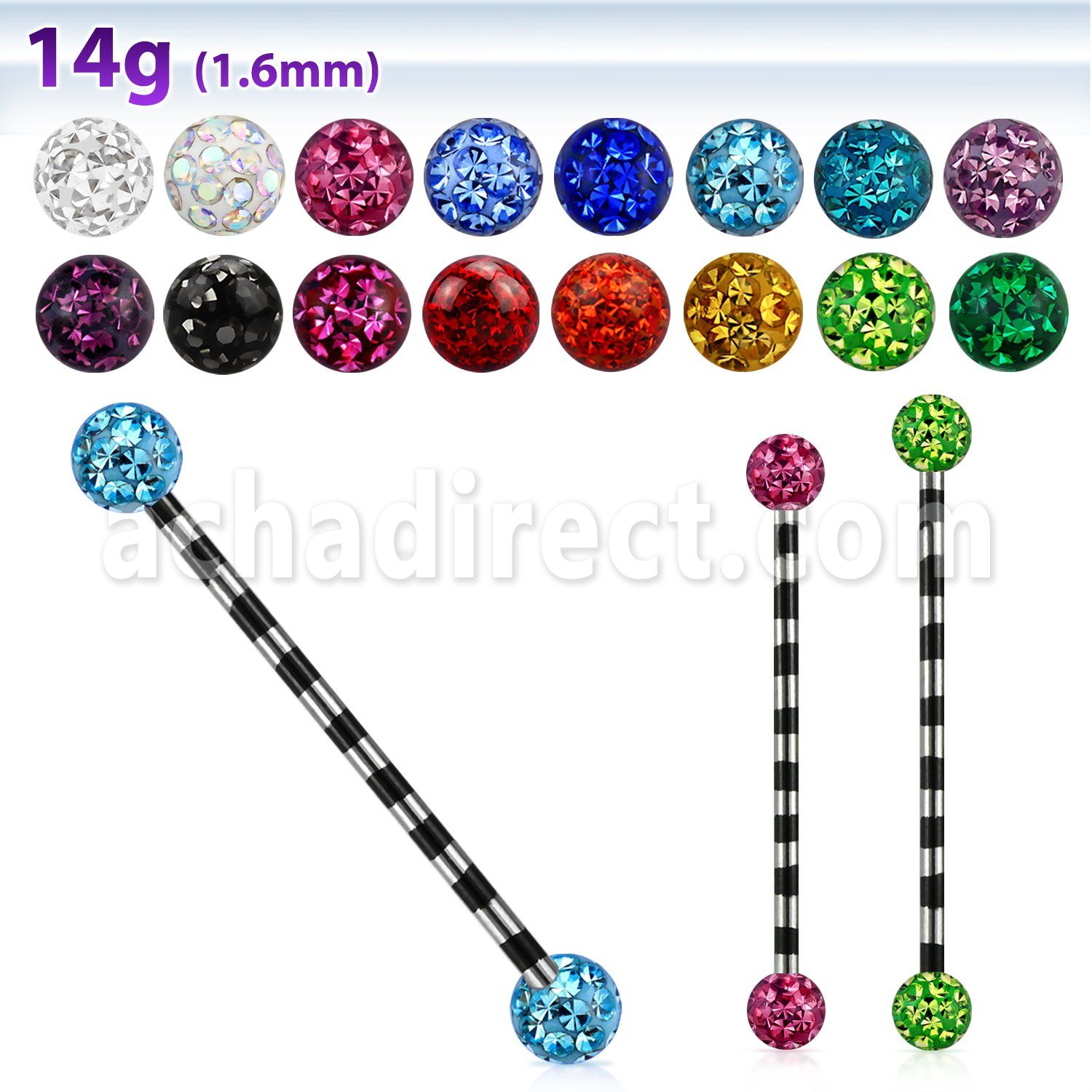 intrf5 barbell industrial acero 316l pvd rayas cebra bolas multi cristal ferido 5mm distribuidor