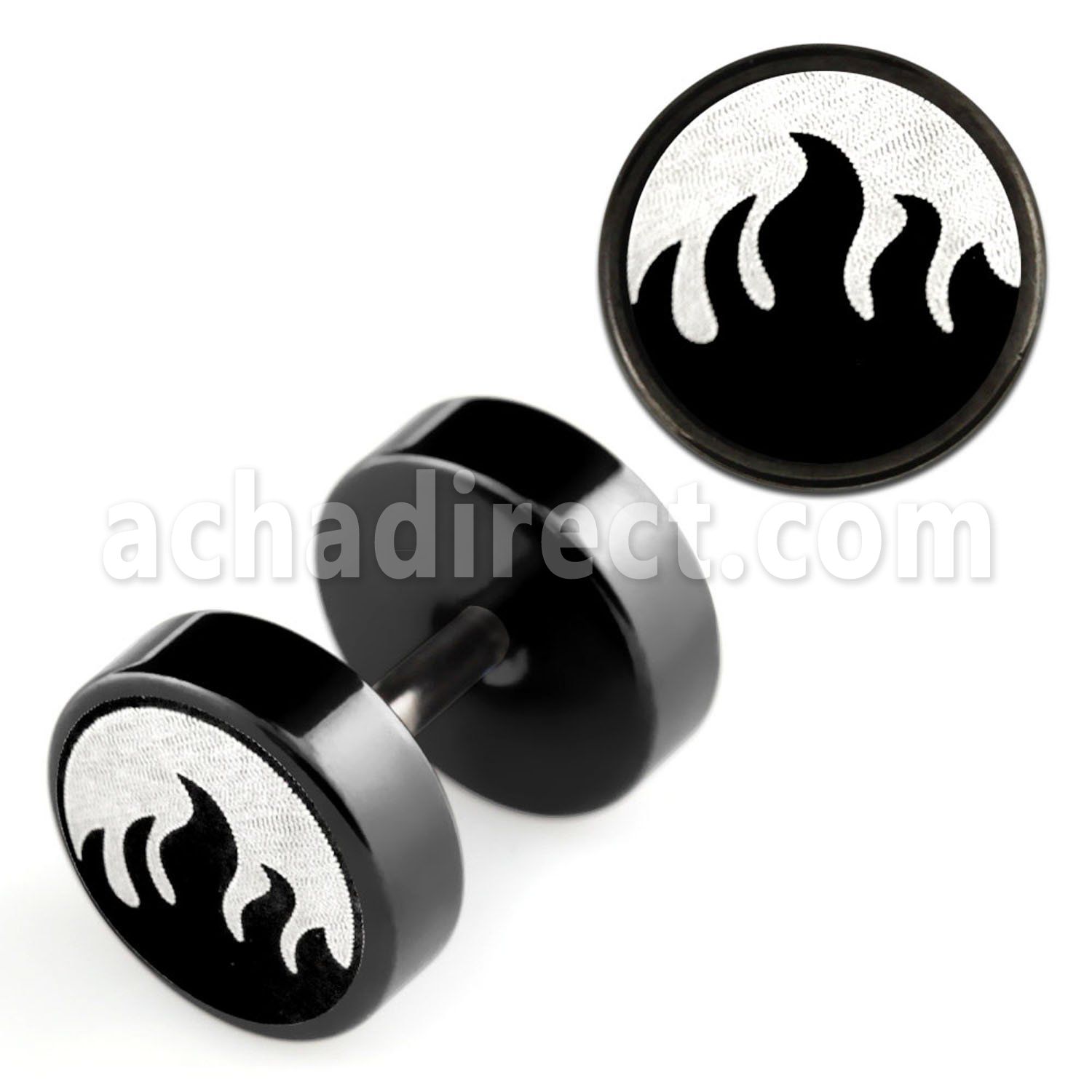 ipls4 plug falso acero quirurgico anodizado negro logo llamas rayado laser lado 8mm distribuidor