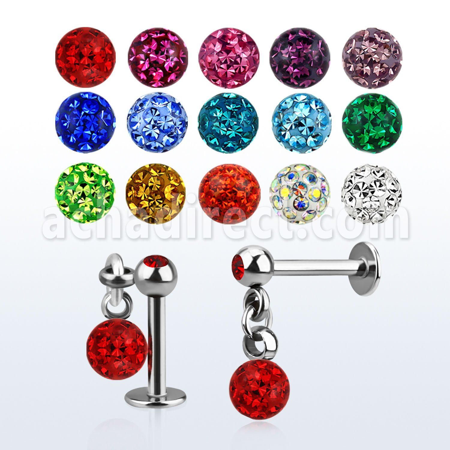 lber1 labret acero 316l bola joya bisel 3mm bola multi cristal ferido 4mm al por mayor