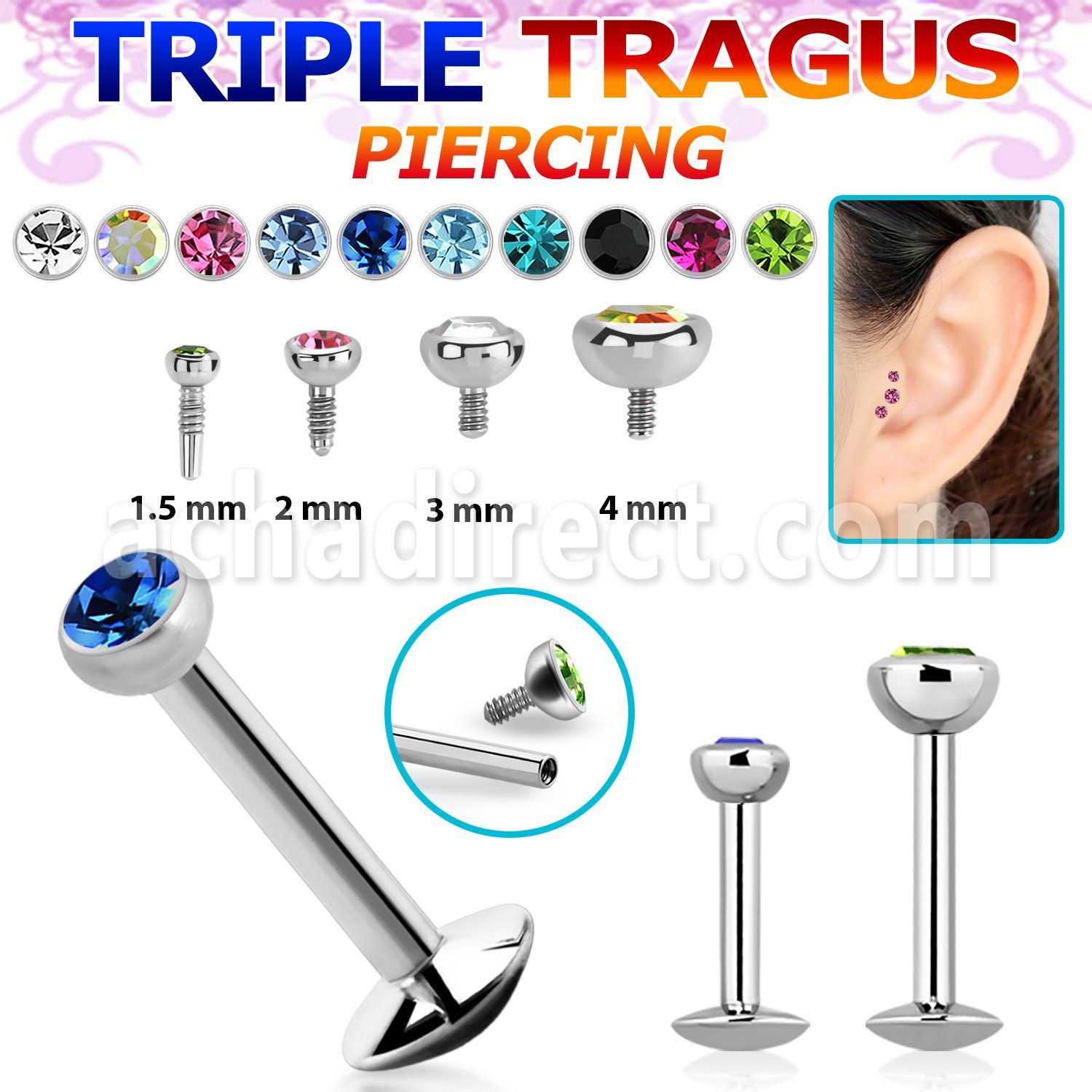 lbirc labret acero quirurgico rosca interna joya bisel 1 5mm 4mm piercing tragus triple distribuidor mayorista