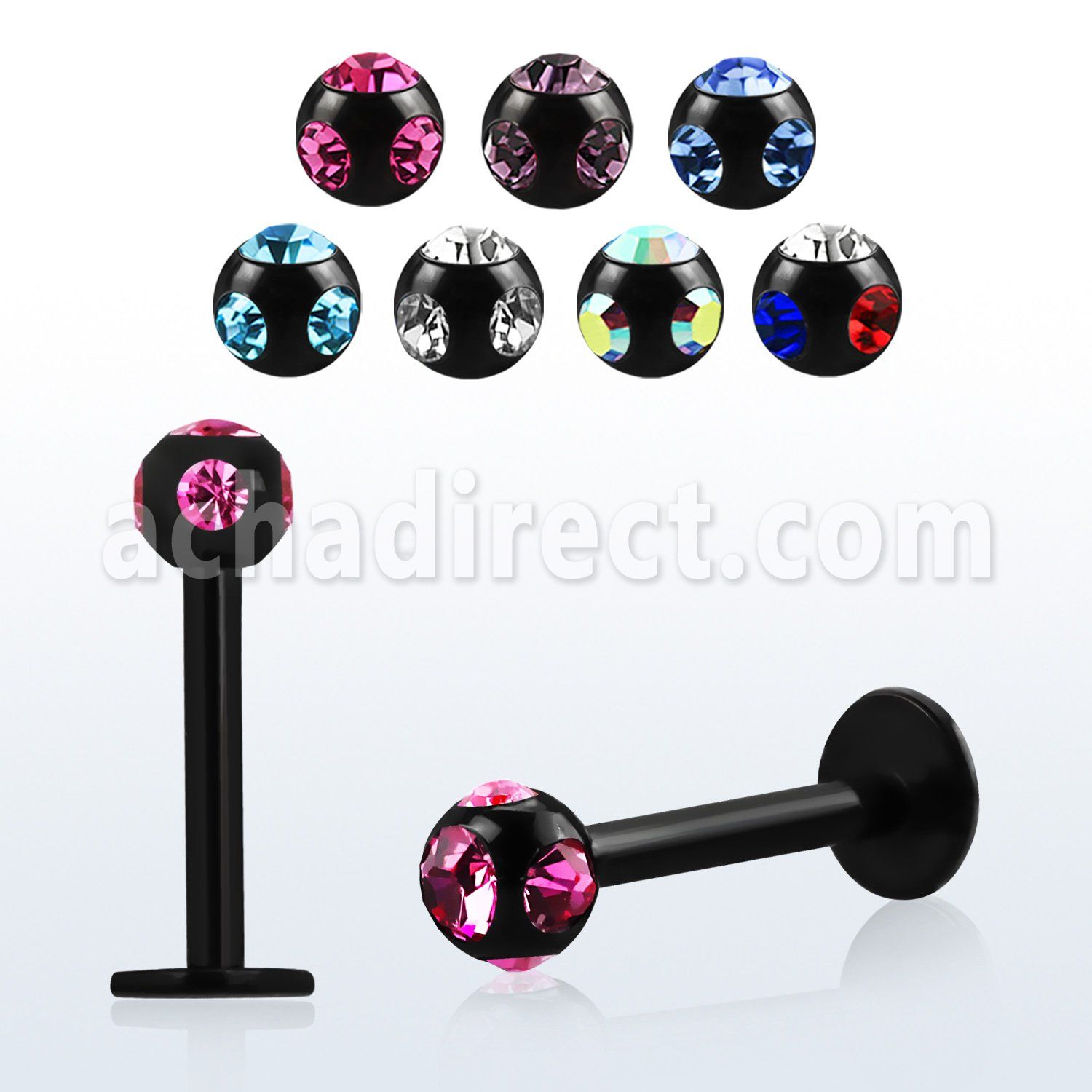 lbkca labret acero quirurgico anodizado negro rosca interna bola multi cristal 3mm 8mm distribuidor mayorista