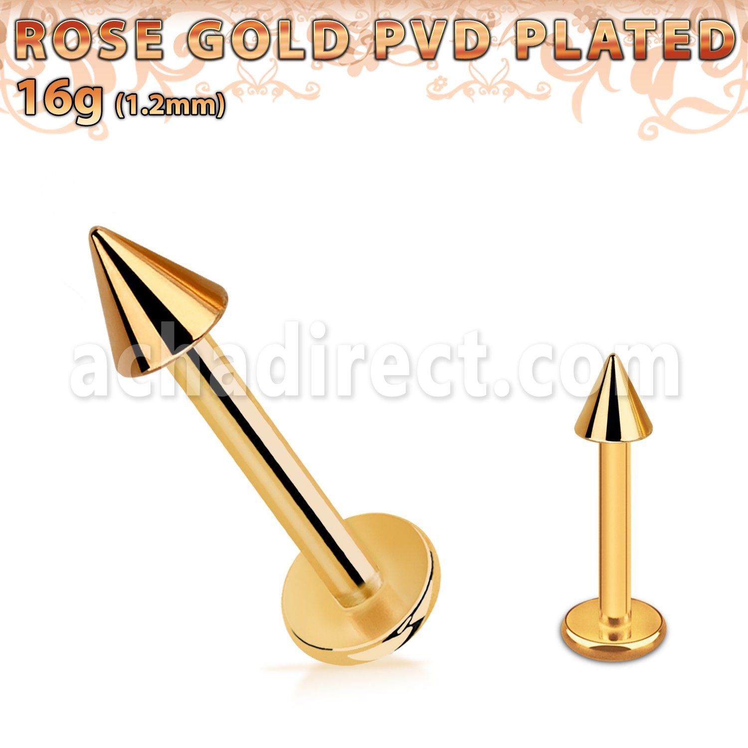 lbttcn3 labret acero quirurgico pvd oro rosa cono 3mm distribuidor mayorista