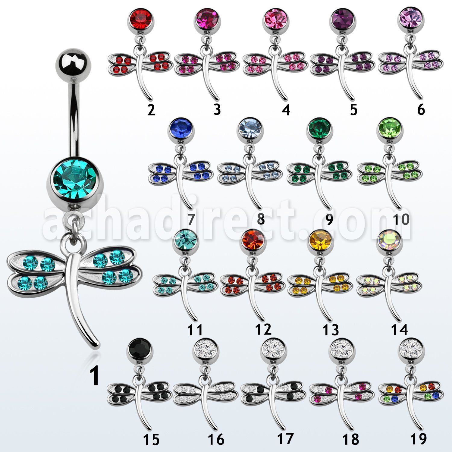 mcd392 piercing ombligo acero quirurgico bola joya bisel 8mm libelula alas cristal 10mm mayorista