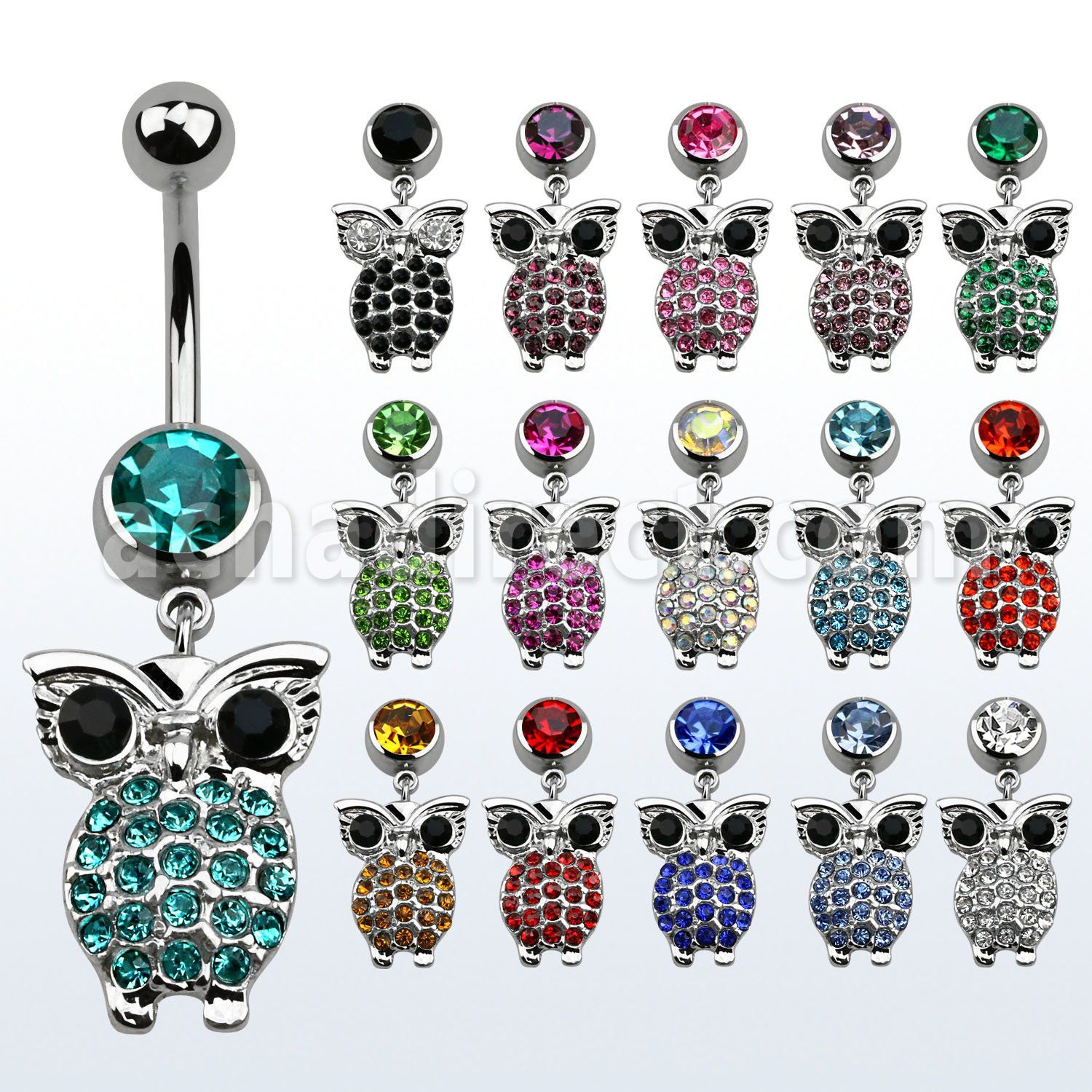 mcd451d piercing ombligo acero quirurgico bola joya bisel 8mm buho cristal grandes ojos colgado 10mm distribuidor