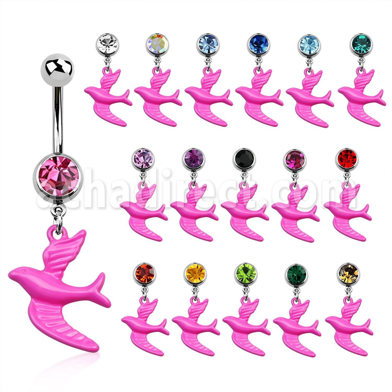 mcd454 piercing ombligo acero quirurgico bola joya bisel 8mm pajaro pintado color rosa colgado 10mm mayorista