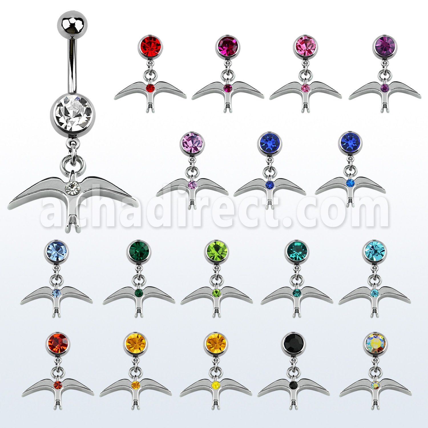 mcd463 piercing ombligo acero quirurgico bola joya bisel 8mm pajaro liso cristal colgado 10mm venta