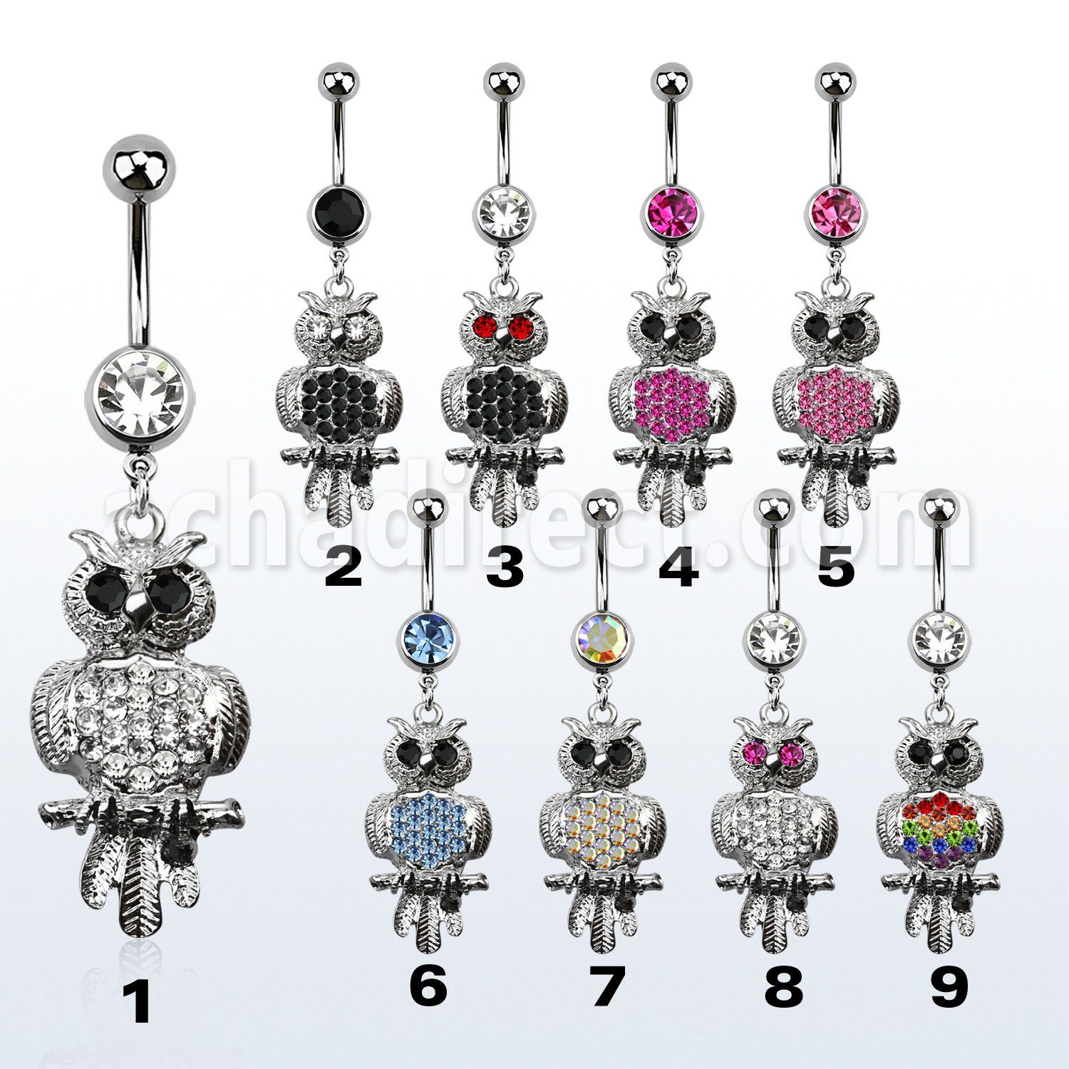 mcd468 piercing ombligo acero quirurgico bola joya bisel 8mm buho sentado rama cristal colgado 10mm al por mayor