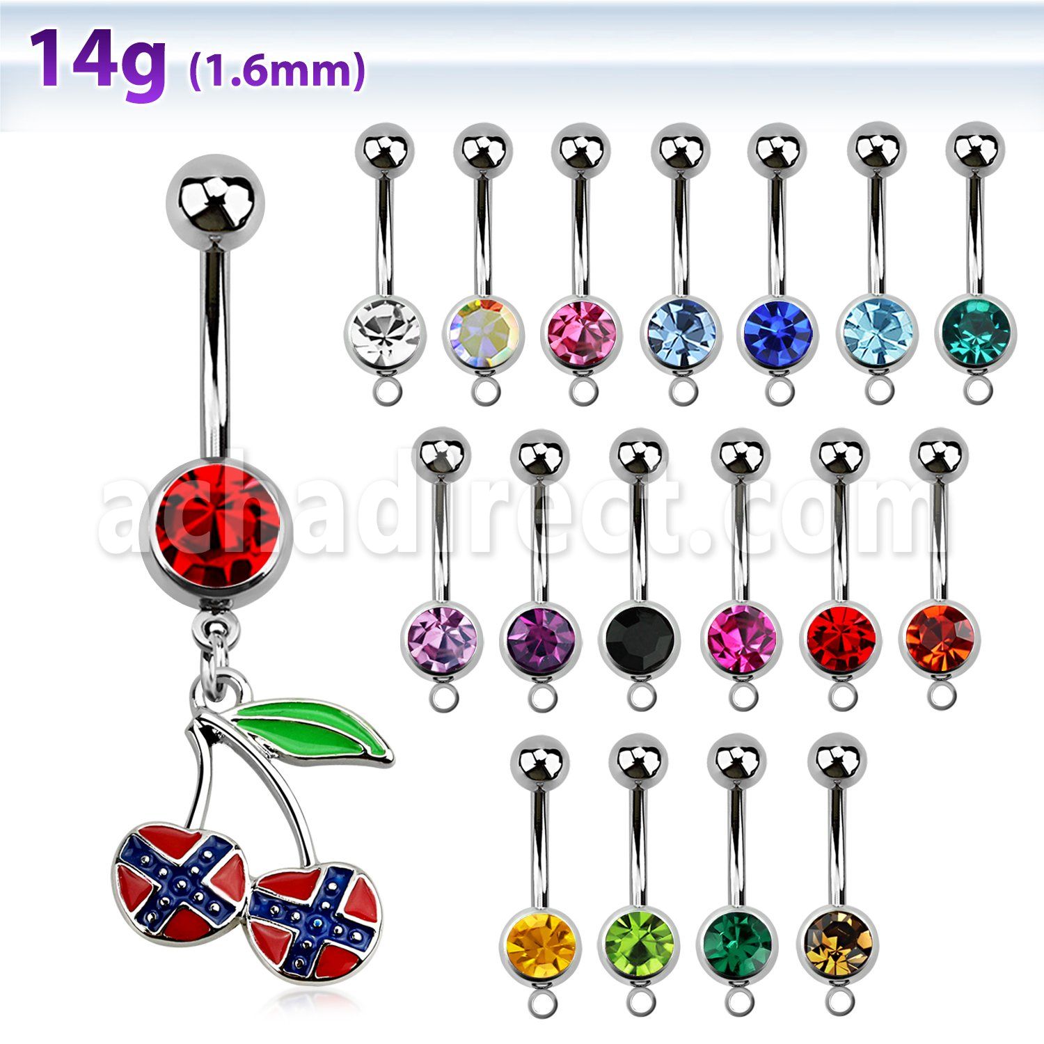 mcd504 piercing ombligo acero quirurgico bola 8mm joya bisel cerezas pintadas colores bandera confederada s 10mm mayorista