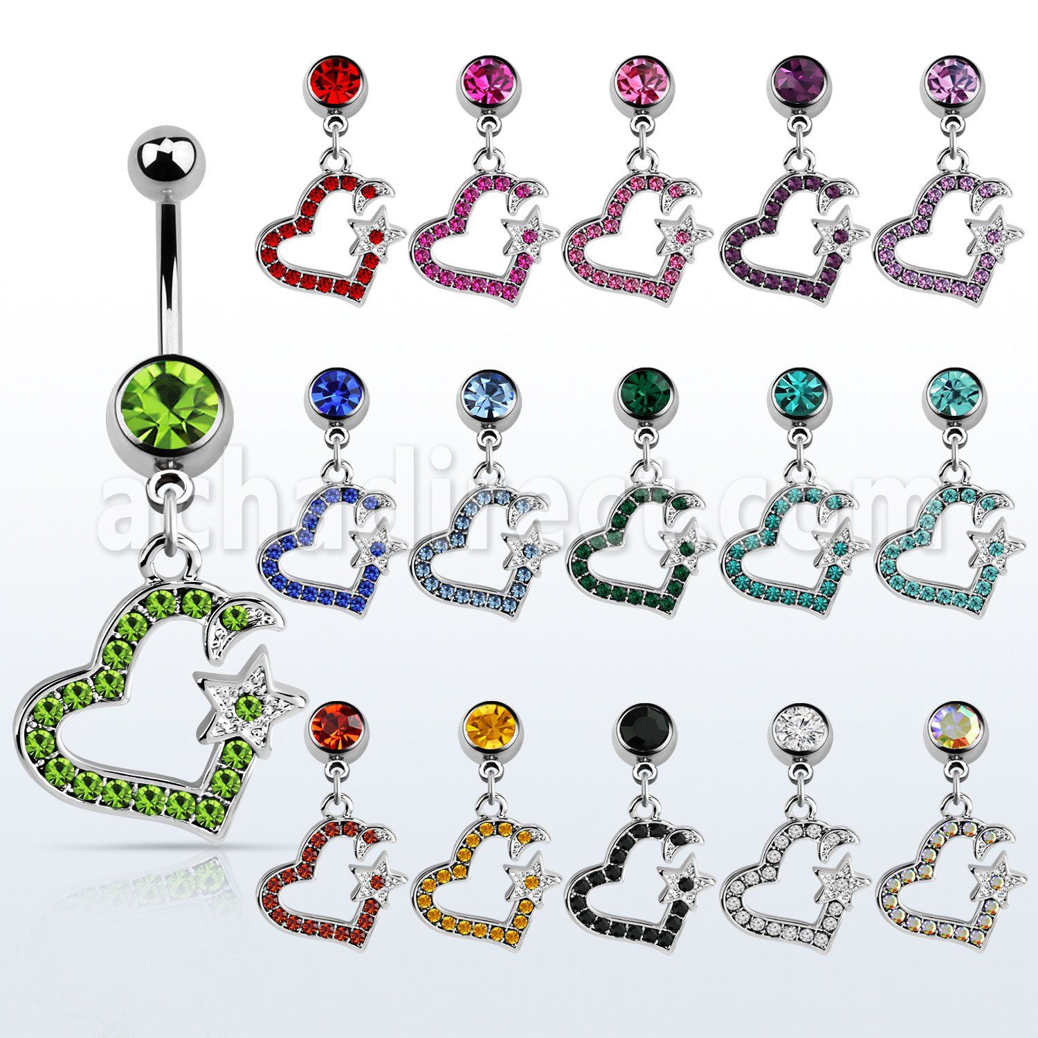 mcd527 piercing ombligo acero quirurgico bola joya bisel 8mm corazon cristal colgado 10mm distribuidor