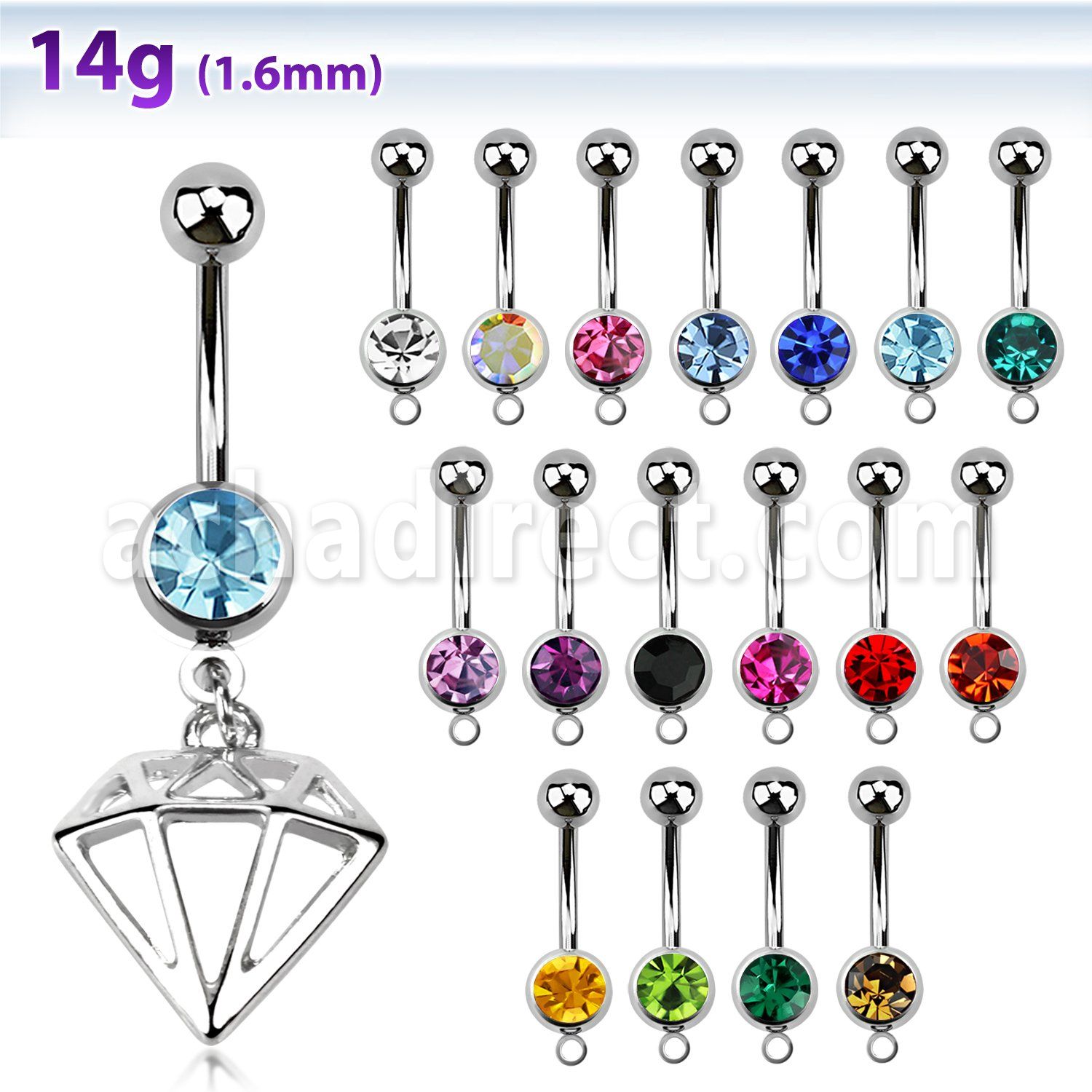 mcd575 piercing ombligo acero quirurgico bola joya bisel 8mm colgante diamante 10mm venta