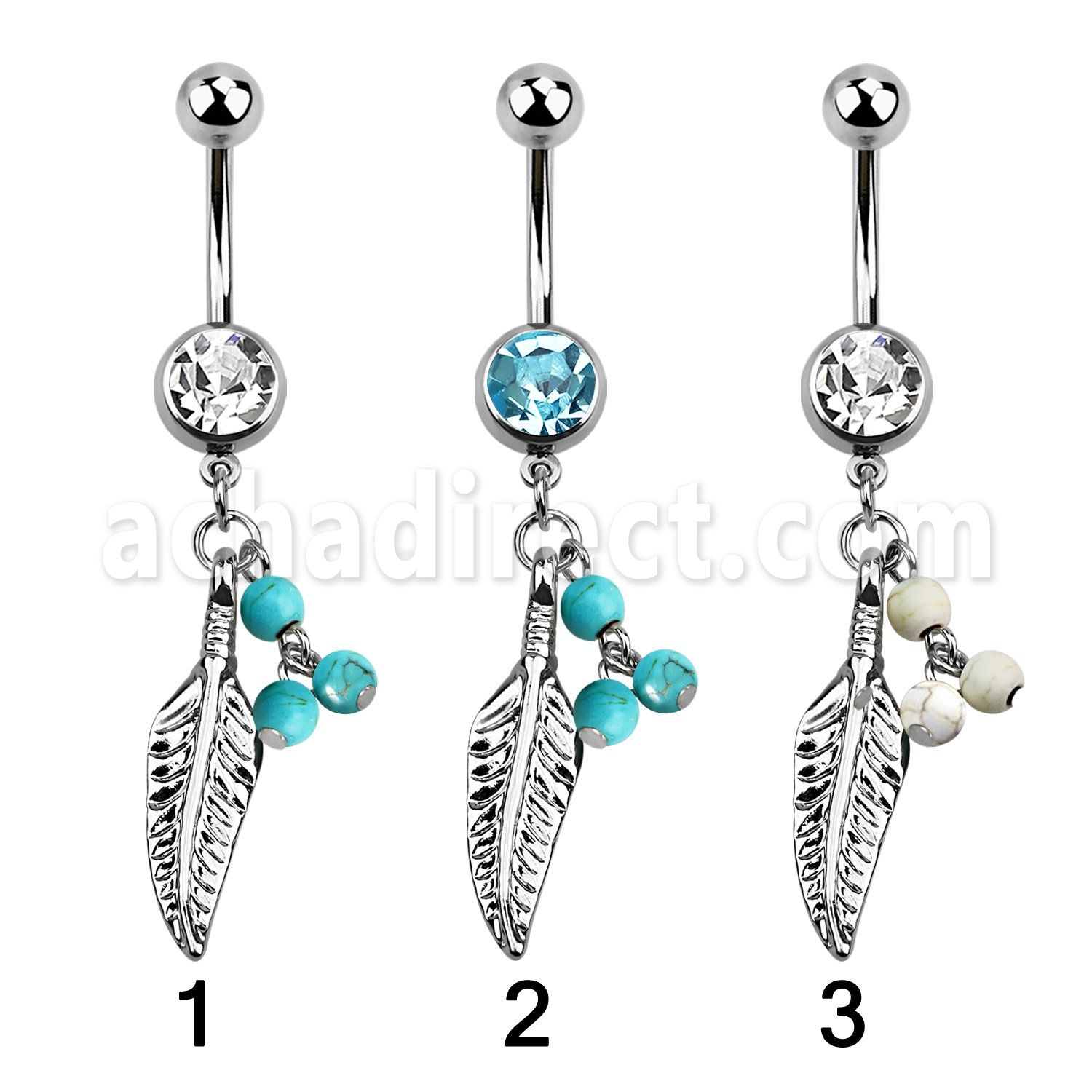 mcd601b piercing ombligo acero quirurgico bola joya bisel 8mm pluma 3 bolas falsas turquesas 10mm venta