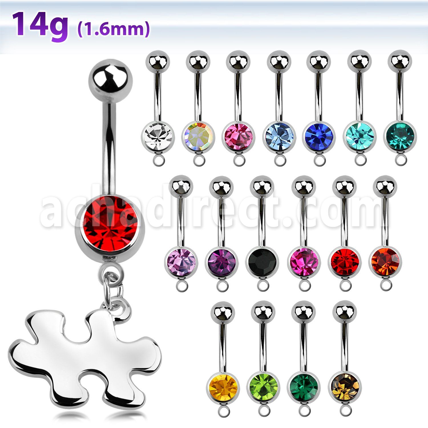 mcd615 piercing ombligo acero quirurgico bola joya bisel 8mm conciencia autismo pieza puzzle 10mm mayorista