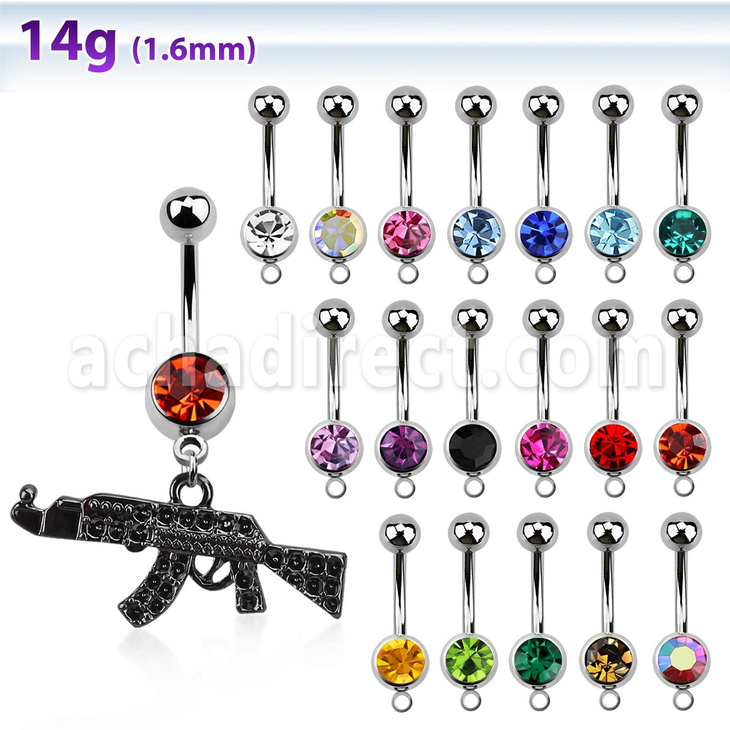 mcd631k piercing ombligo acero quirurgico bola joya bisel 8mm miniatura ak47 negro 10mm venta
