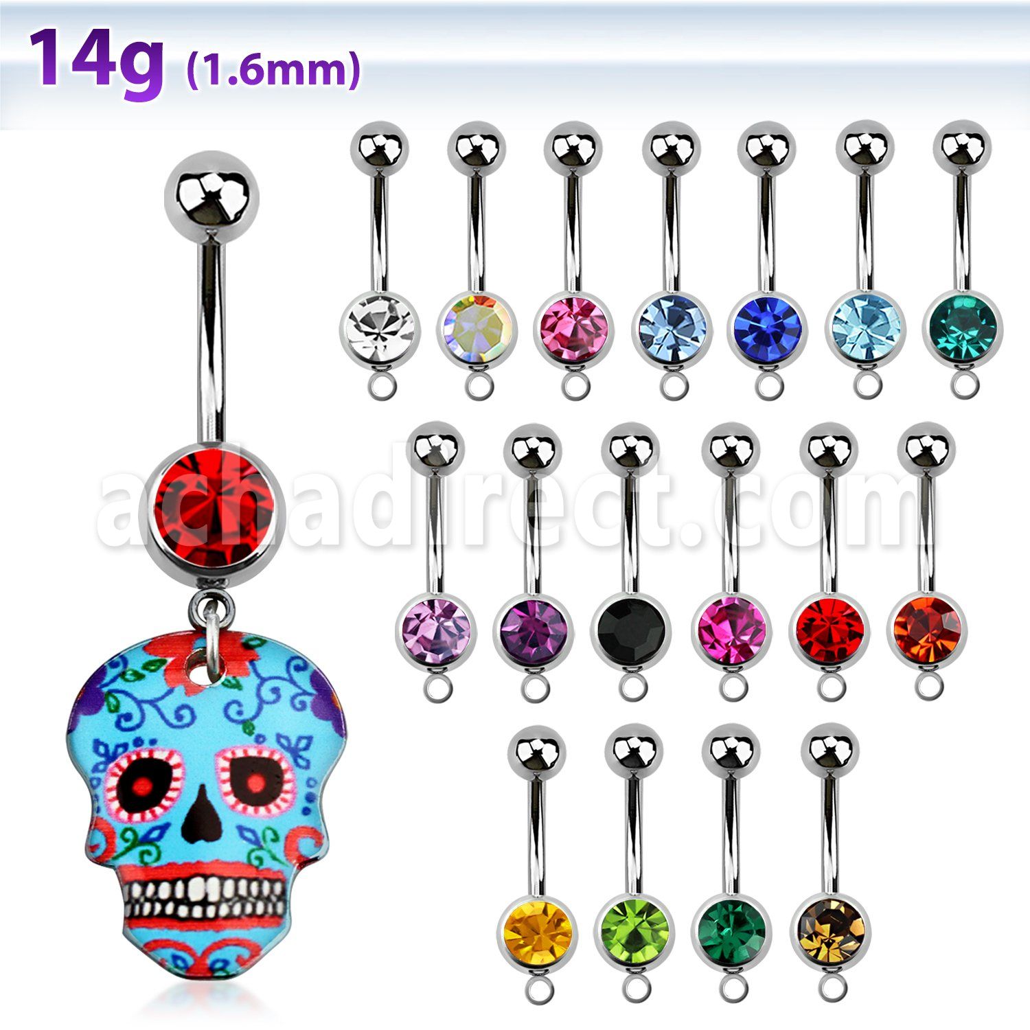 mcd639 piercing ombligo acero quirurgico bola joya bisel 8mm calavera azucar pintada tematica azul 10mm al por mayor