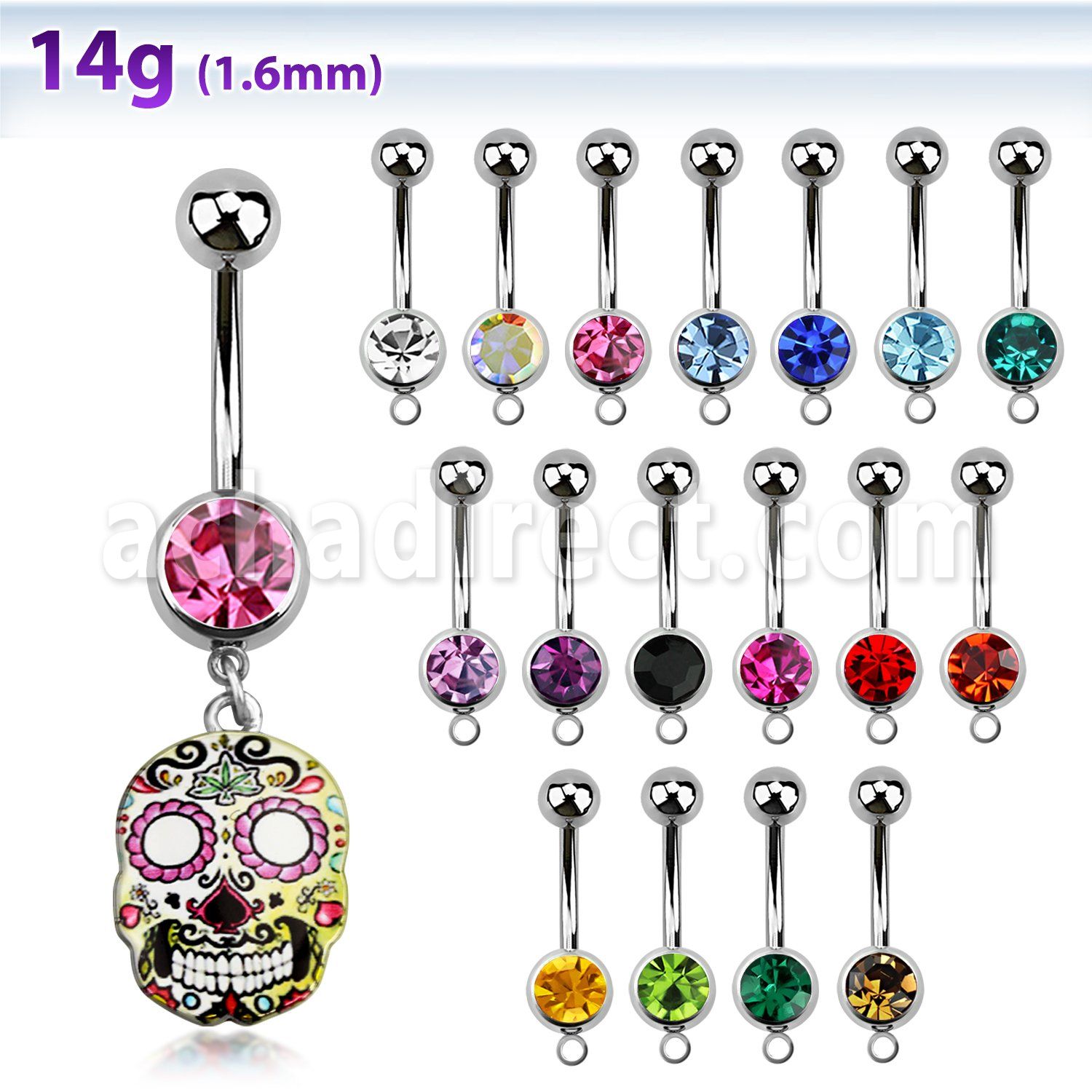 mcd644 piercing ombligo acero quirurgico bola joya bisel 8mm calavera azucar pintada 10mm al por mayor