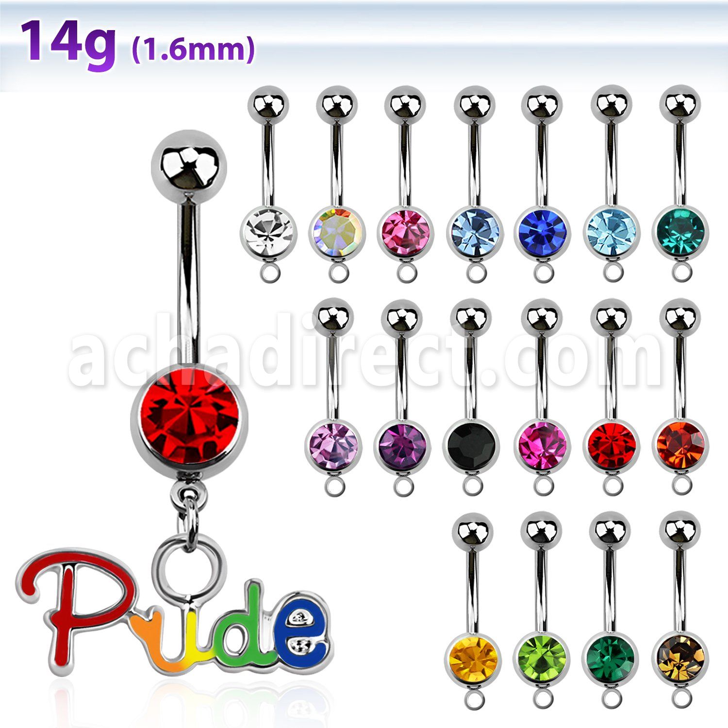 mcd648 piercing ombligo acero quirurgico bola joya bisel 8mm palabra pride colores orgullo gay 10mm venta