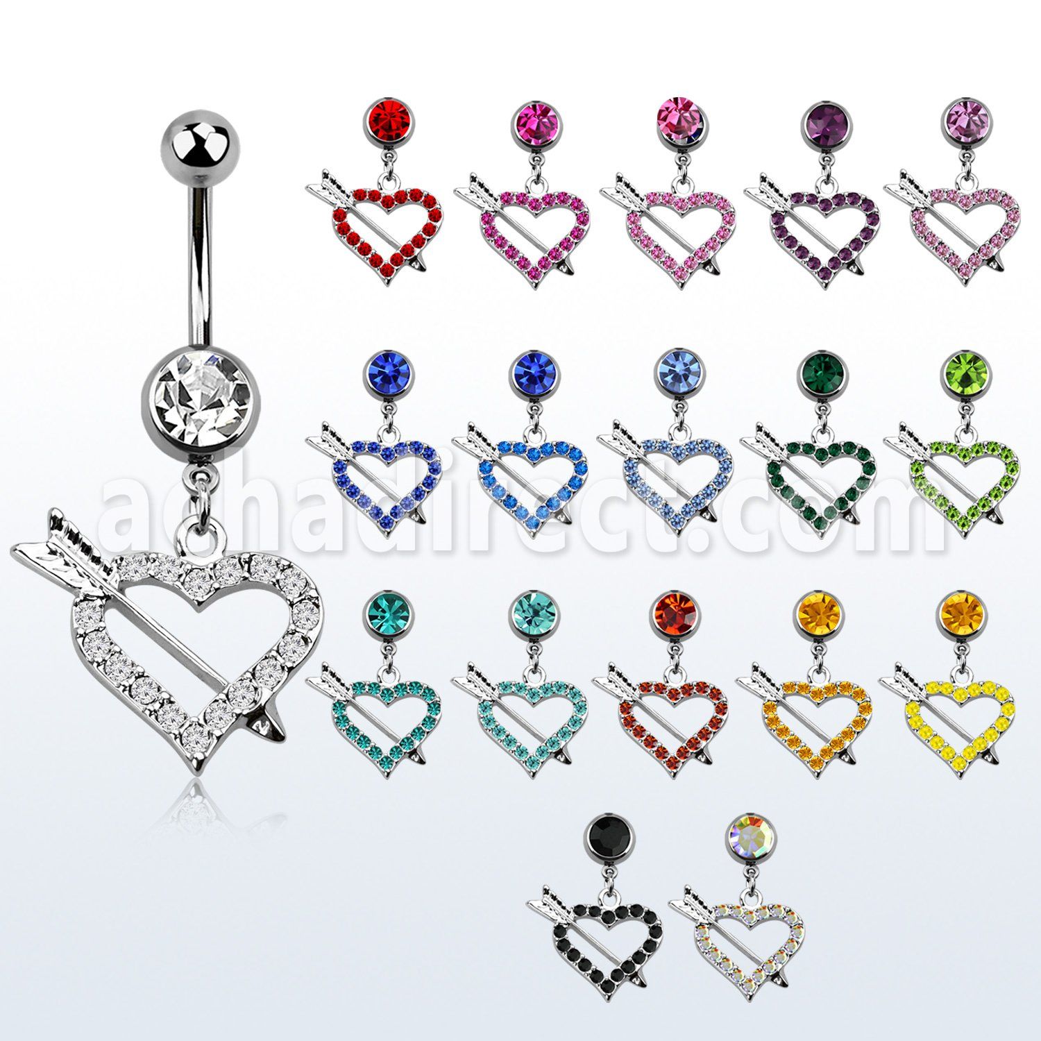 mcd678 piercing ombligo acero quirurgico bola joya bisel 8mm corazon flecha cristal colgado 10mm distribuidor