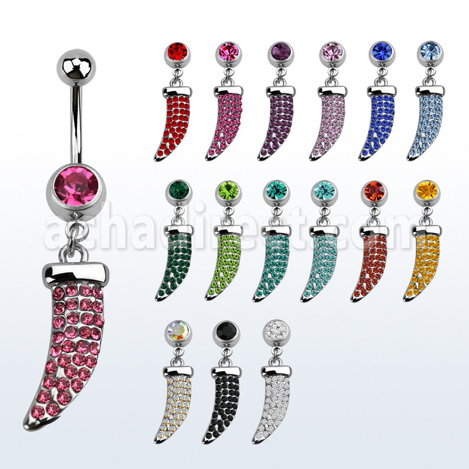 mcd684 piercing ombligo acero quirurgico bola joya bisel 8mm undiente tigre cristal colgado 10mm venta