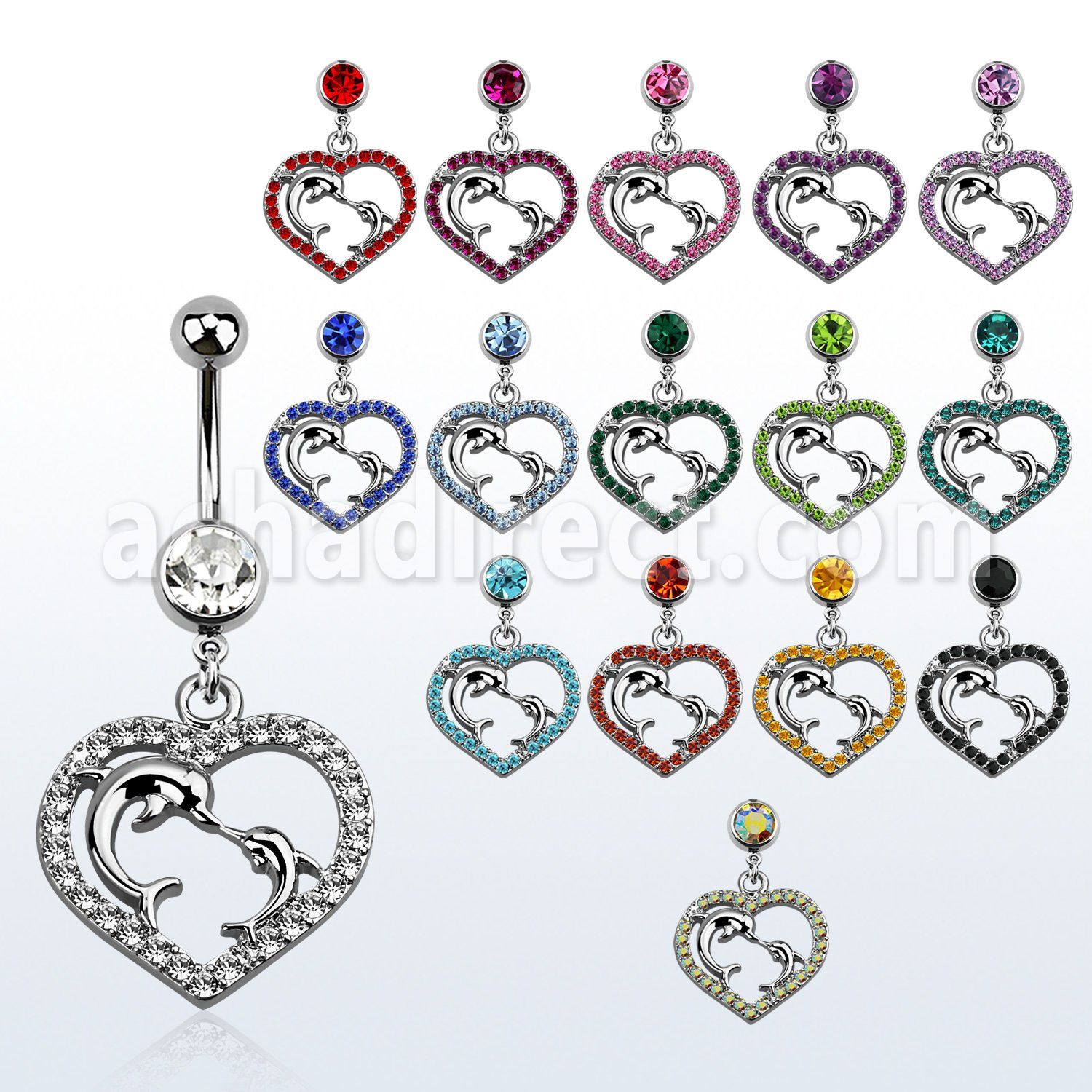 mcd689 piercing ombligo acero quirurgico bola joya bisel 8mm corazon cristal delfines dentro colgado 10mm venta