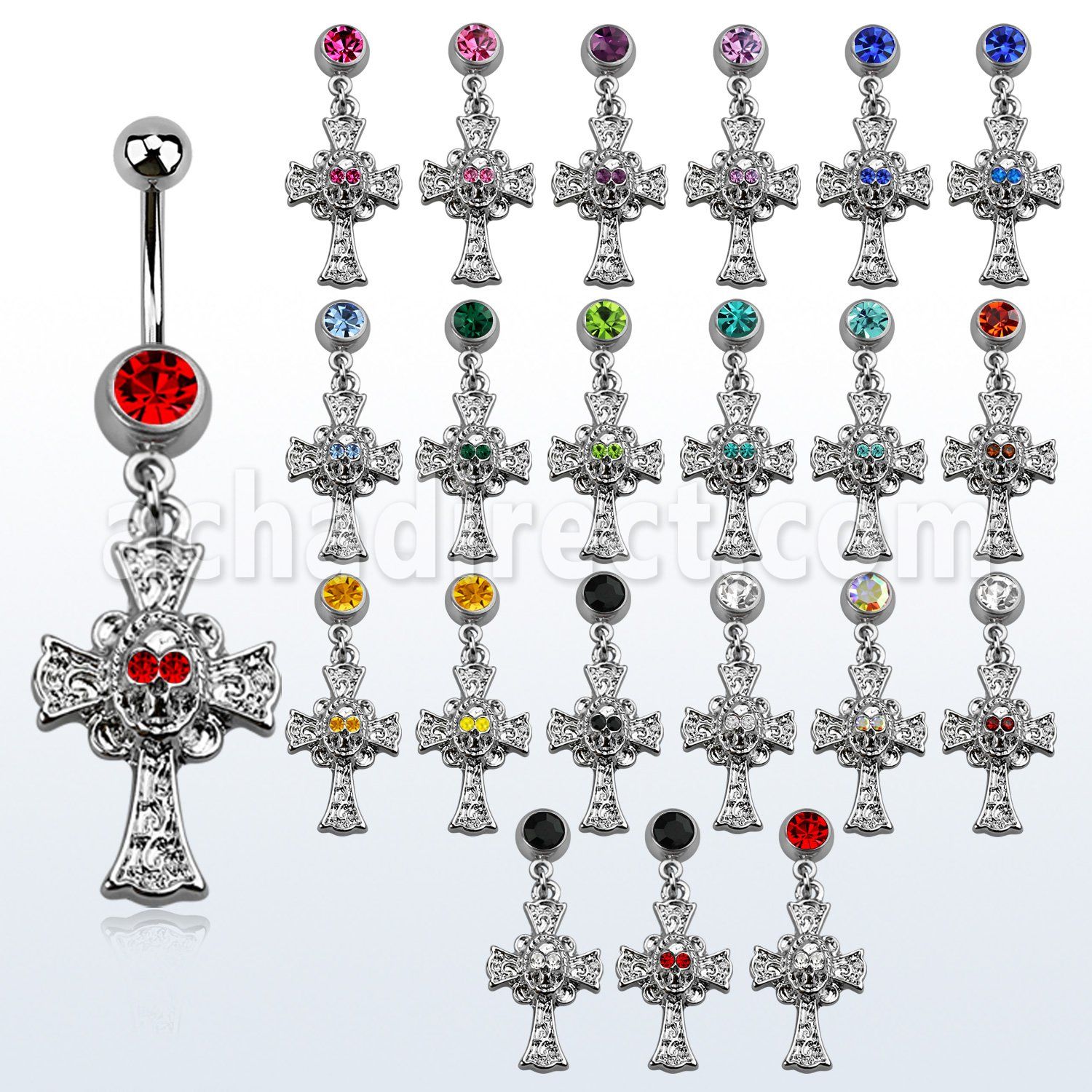 mcd694 piercing ombligo acero quirurgico bola joya bisel 8mm cruz calavera ojos cristal mayorista