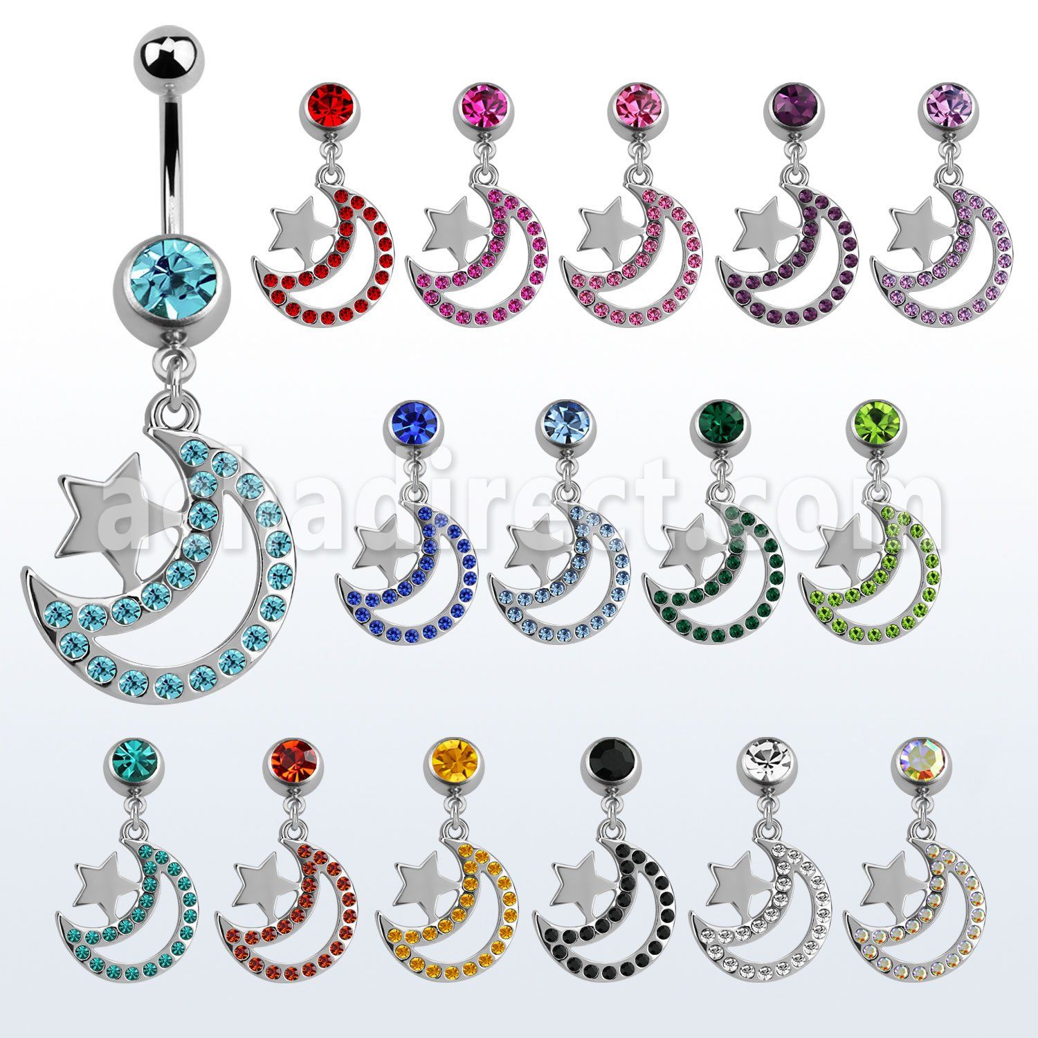mcd723 piercing ombligo acero quirurgico bola joya bisel 8mm luna cristal estrella 10mm venta