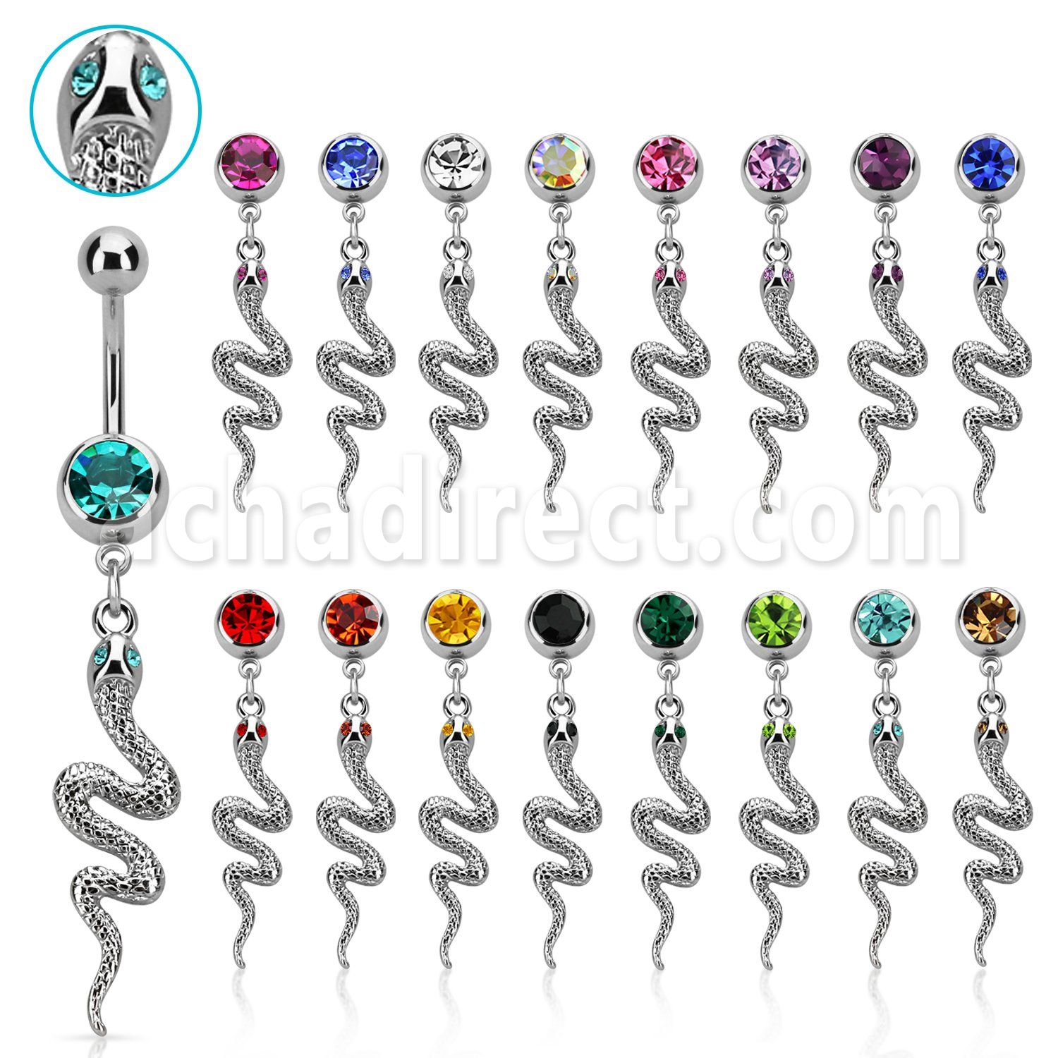 mcd728 piercing ombligo acero quirurgico bola joya bisel 8mm serpiente ojos cristal 10mm al por mayor