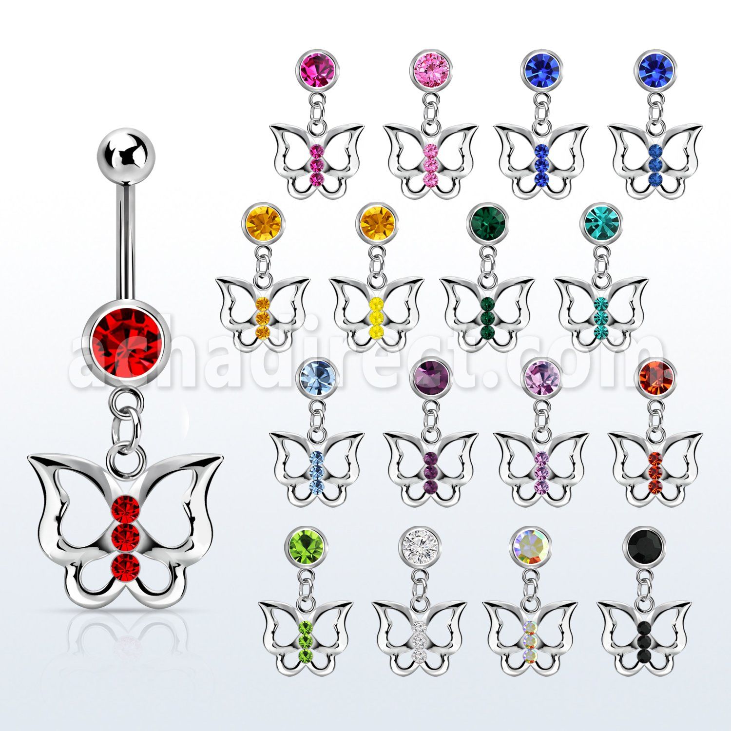mcd760 piercing ombligo acero quirurgico bola 8mm joya bisel colgante mariposa cristal cuerpo plata mayorista