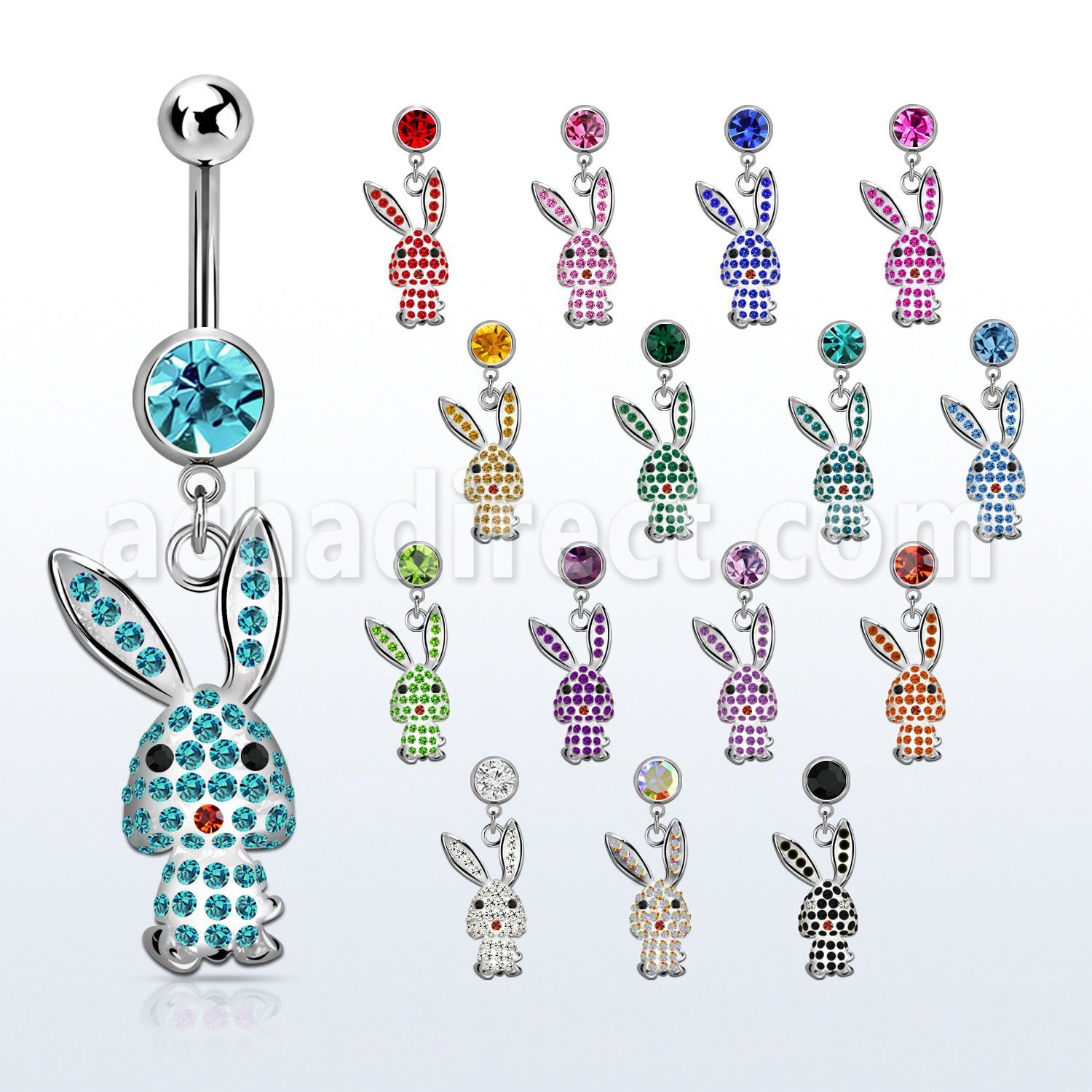 mcd766 piercing ombligo acero quirurgico bola joya bisel 8mm colgante conejo cristal plata al por mayor