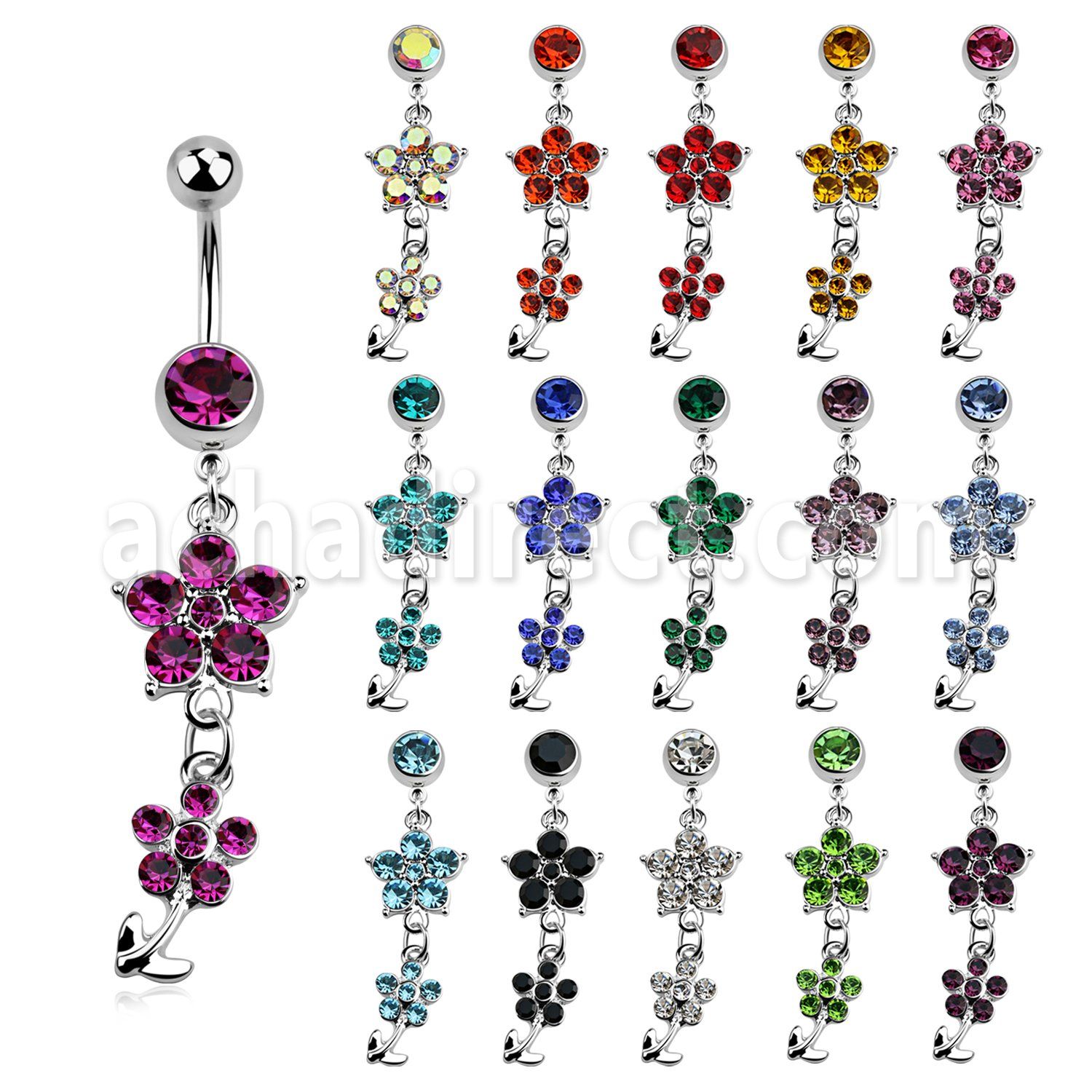 mcdfl19 piercing ombligo acero quirurgico bola joya 8mm doble flor cristal s 10mm al por mayor