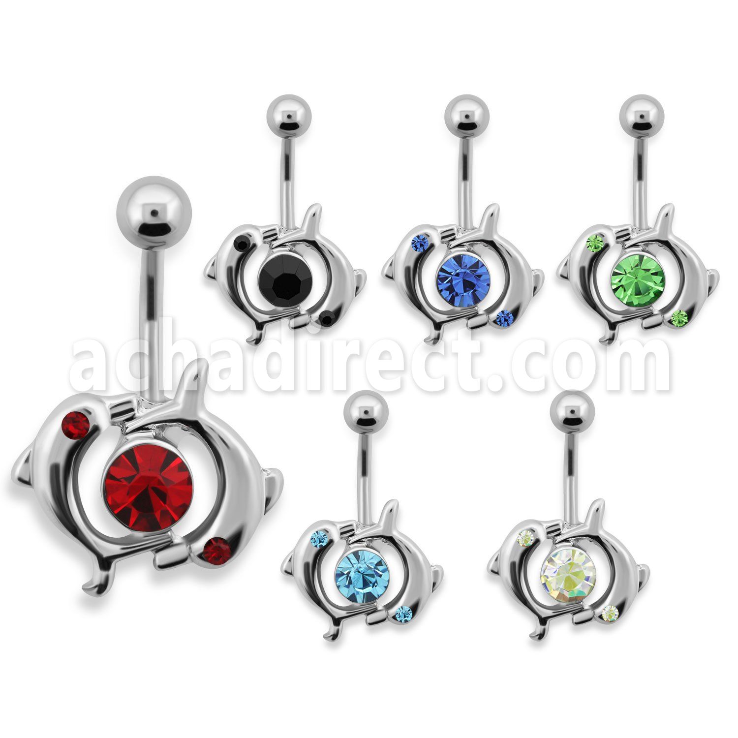 mcdp8 piercing ombligo acero quirurgico unos delfines entrelazados colgados cristal centro 10mm venta
