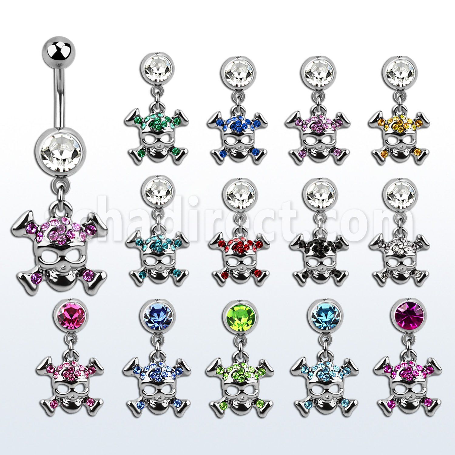 mcdsk4 piercing ombligo acero quirurgico bola joya bisel 8mm calavera cristal huesos cruzados 10mm distribuidor