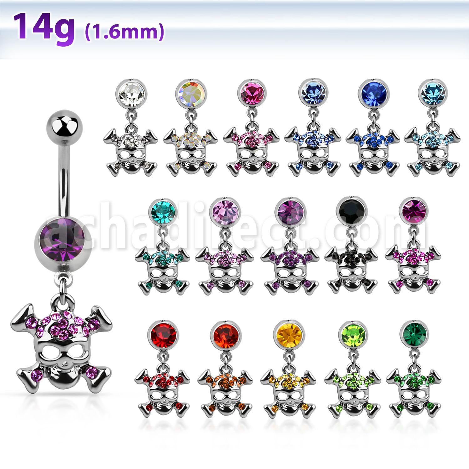 mcdsk4 piercing ombligo acero quirurgico bola joya bisel 8mm calavera cristal huesos cruzados 10mm distribuidor