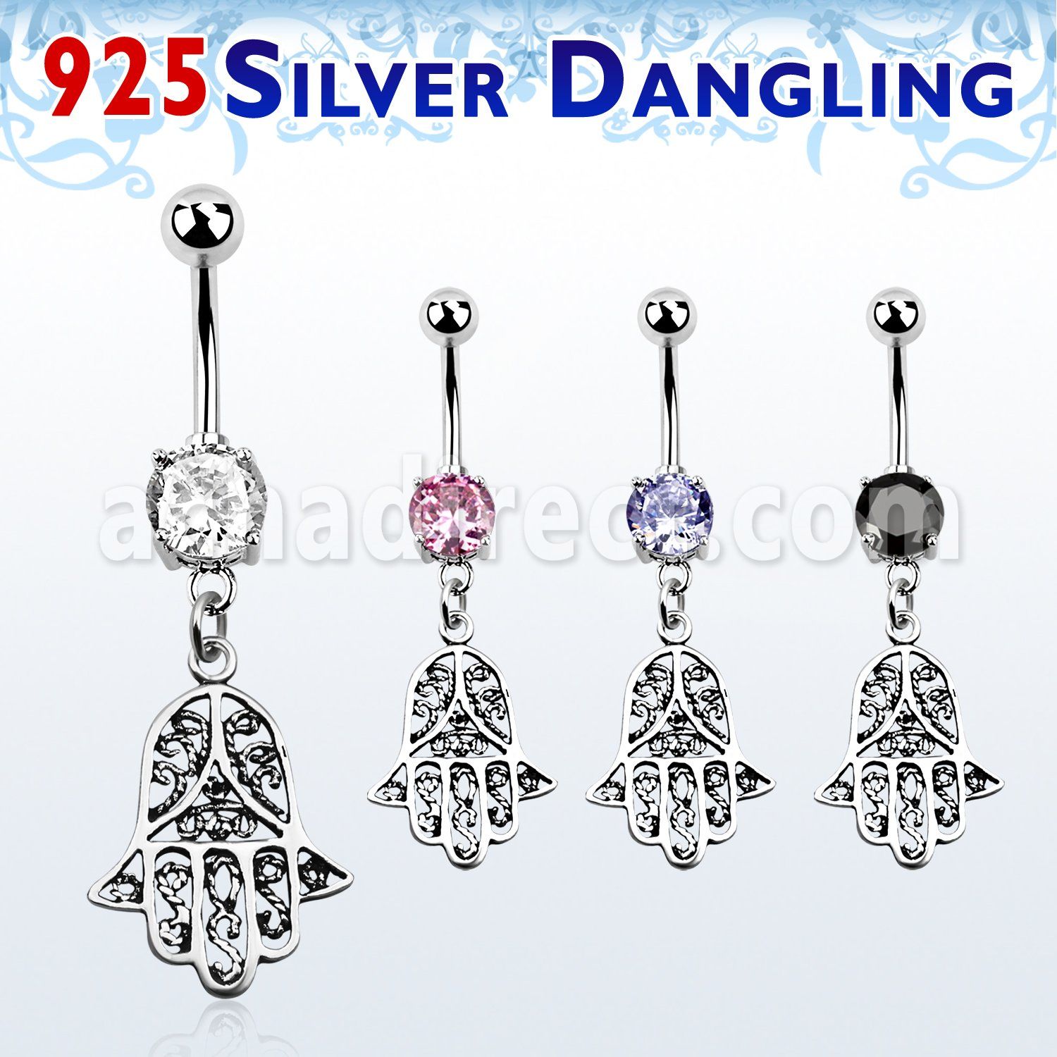 mcdvd14 piercing ombligo acero 316l zirconia redonda 8mm mano fatima plata esterlina al por mayor