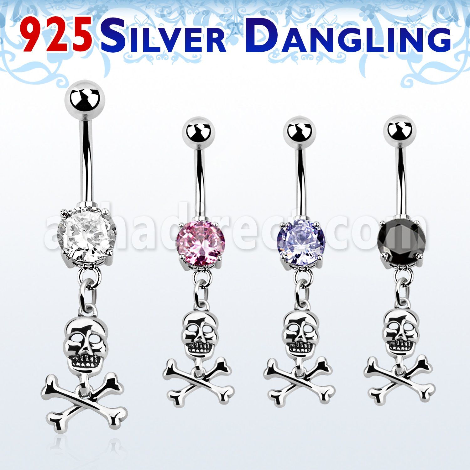 mcdvd28 piercing ombligo acero 316l zirconia redonda 8mm calavera huesos cruzados plata esterlina distribuidor