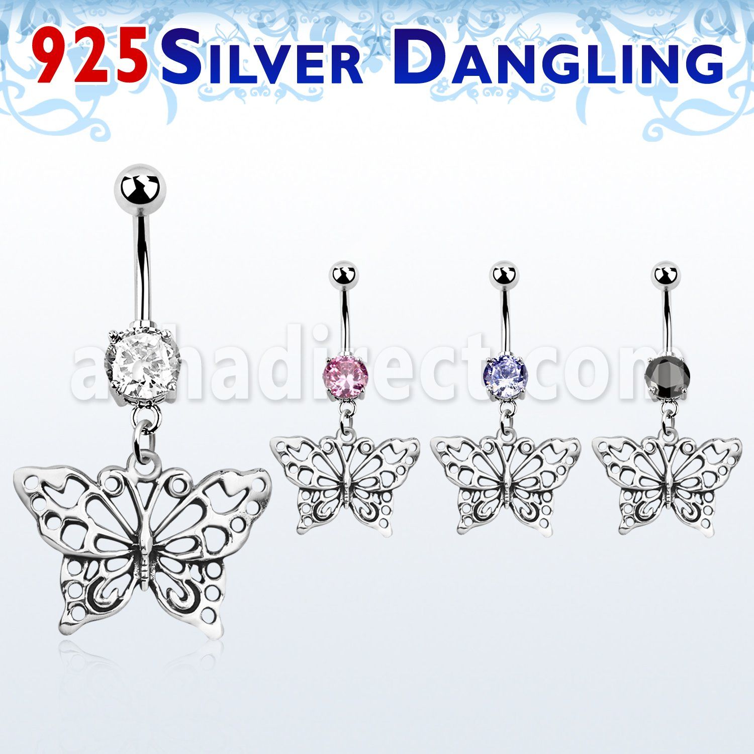 mcdvd5 piercing ombligo acero 316l zirconia redonda 8mm mariposa plata esterlina al por mayor