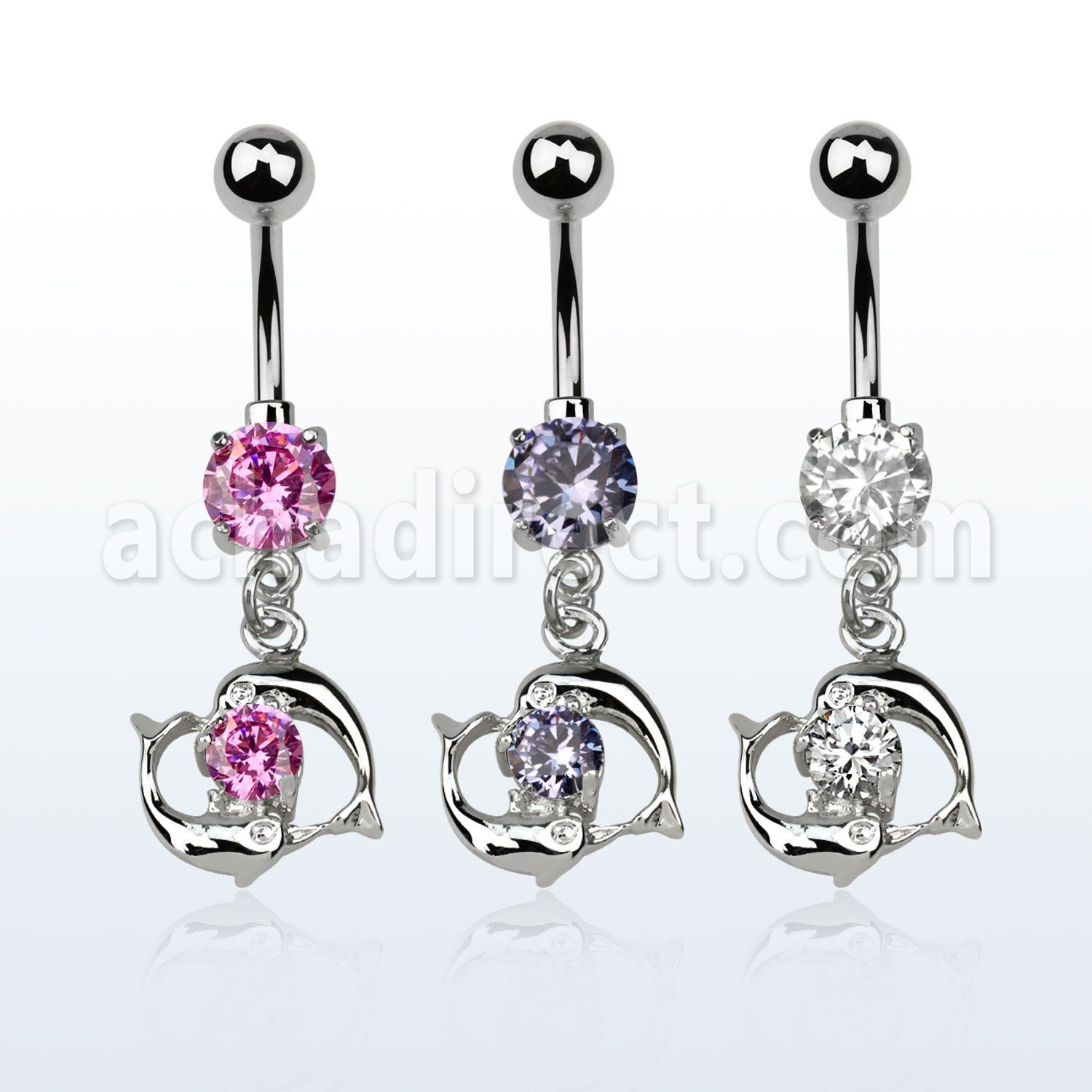 mcdz15 piercing ombligo acero quirurgico zirconia 8mm pareja delfines colgados nadando alrededor zirconia redonda 10mm al por mayor