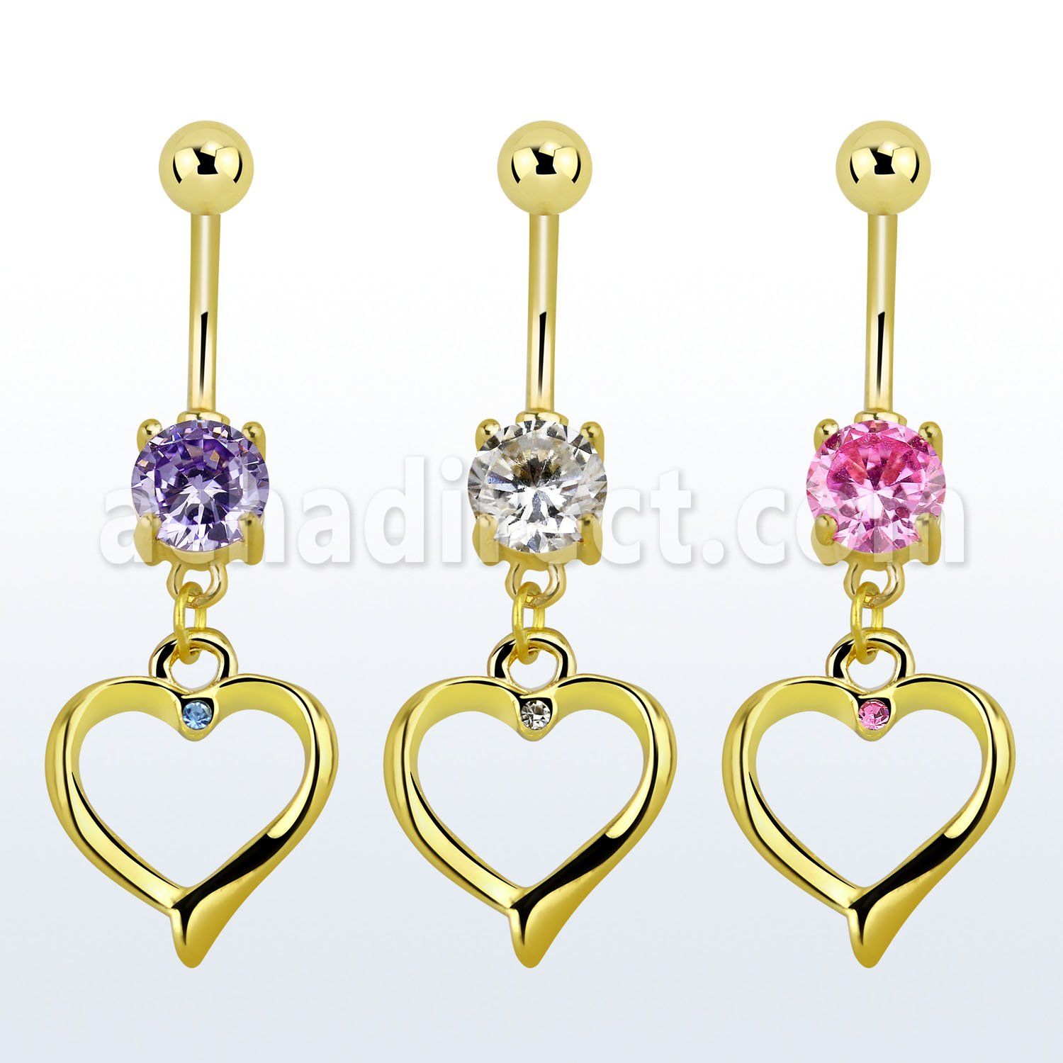 mcdz333 piercing ombligo acero 316l oro zirconia 8mm corazon oro colgado unico cristal 10mm al por mayor