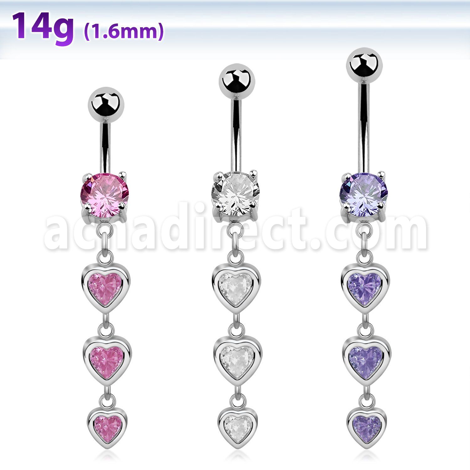 mcdz350 piercing ombligo acero quirurgico tres corazones colgados zirconia 10mm distribuidor mayorista
