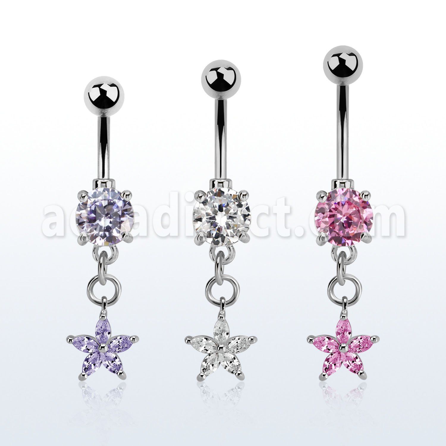 mcdz413 piercing ombligo acero quirurgico zirconita redonda 8mm colgante flor zirconia plata mayorista