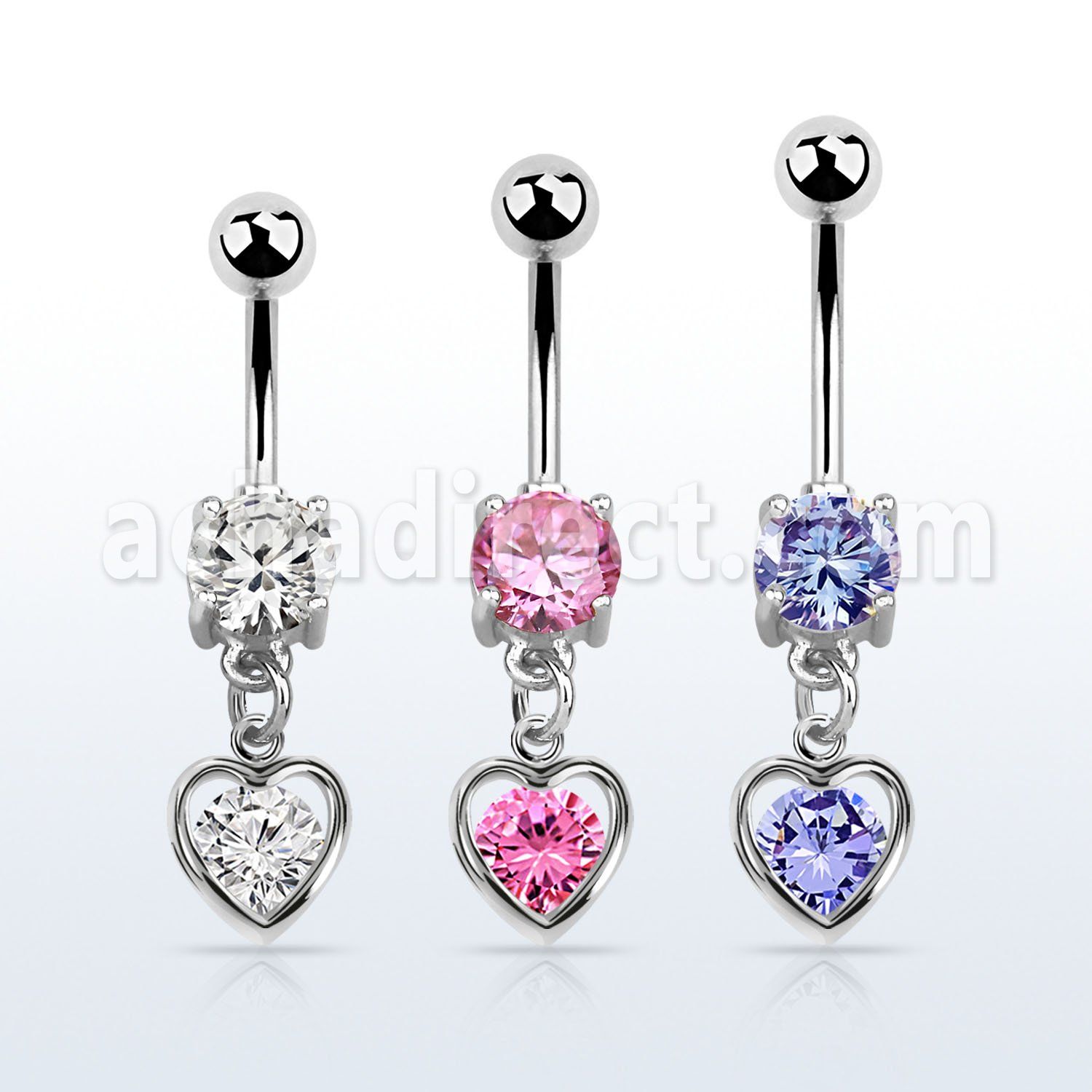 mcdz419 piercing ombligo acero quirurgico zirconita redonda 8mm colgante corazon zirconia redonda medio plata al por mayor