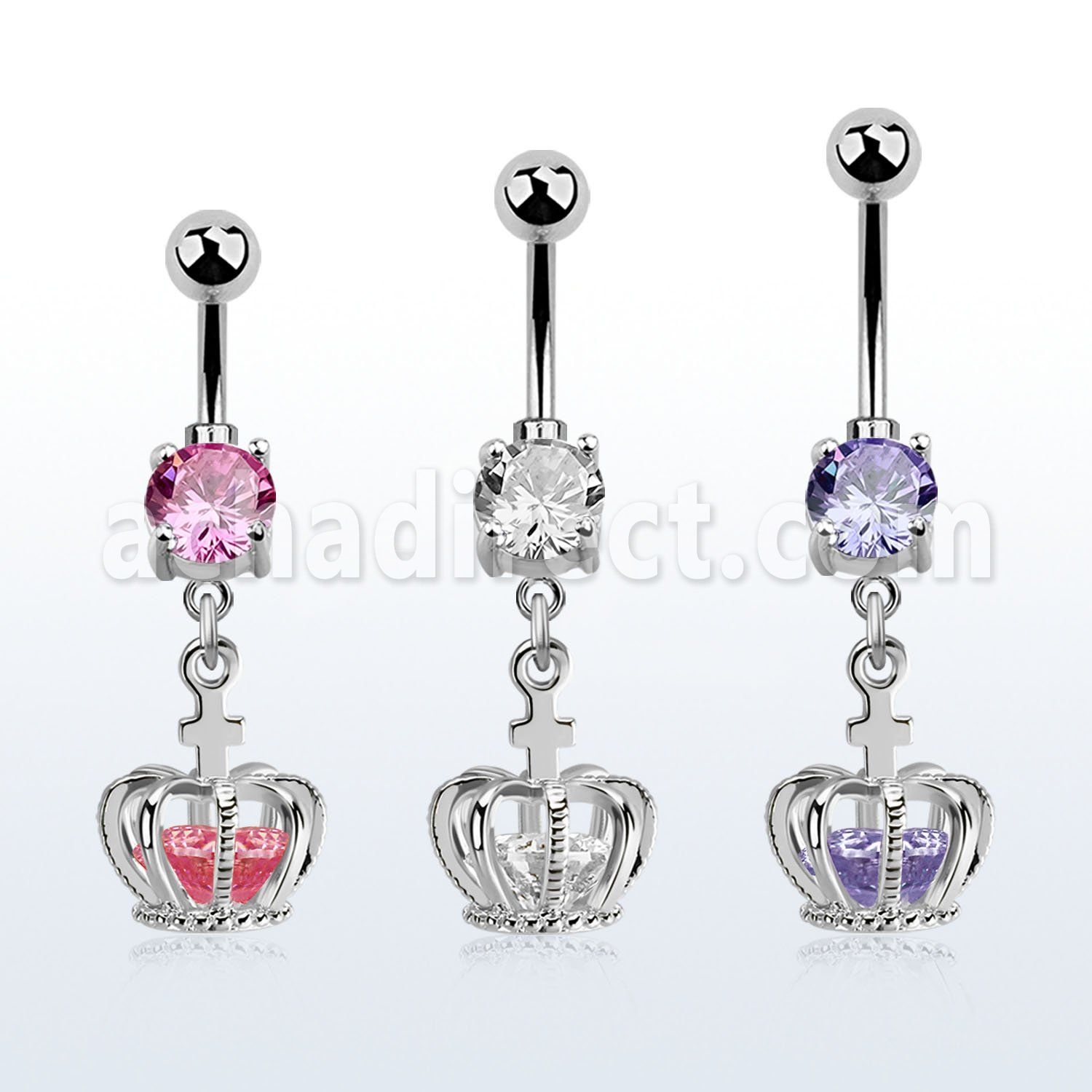 mcdz590 piercing ombligo acero quirurgico zirconita redonda 8mm colgante corona zirconia plata mayorista