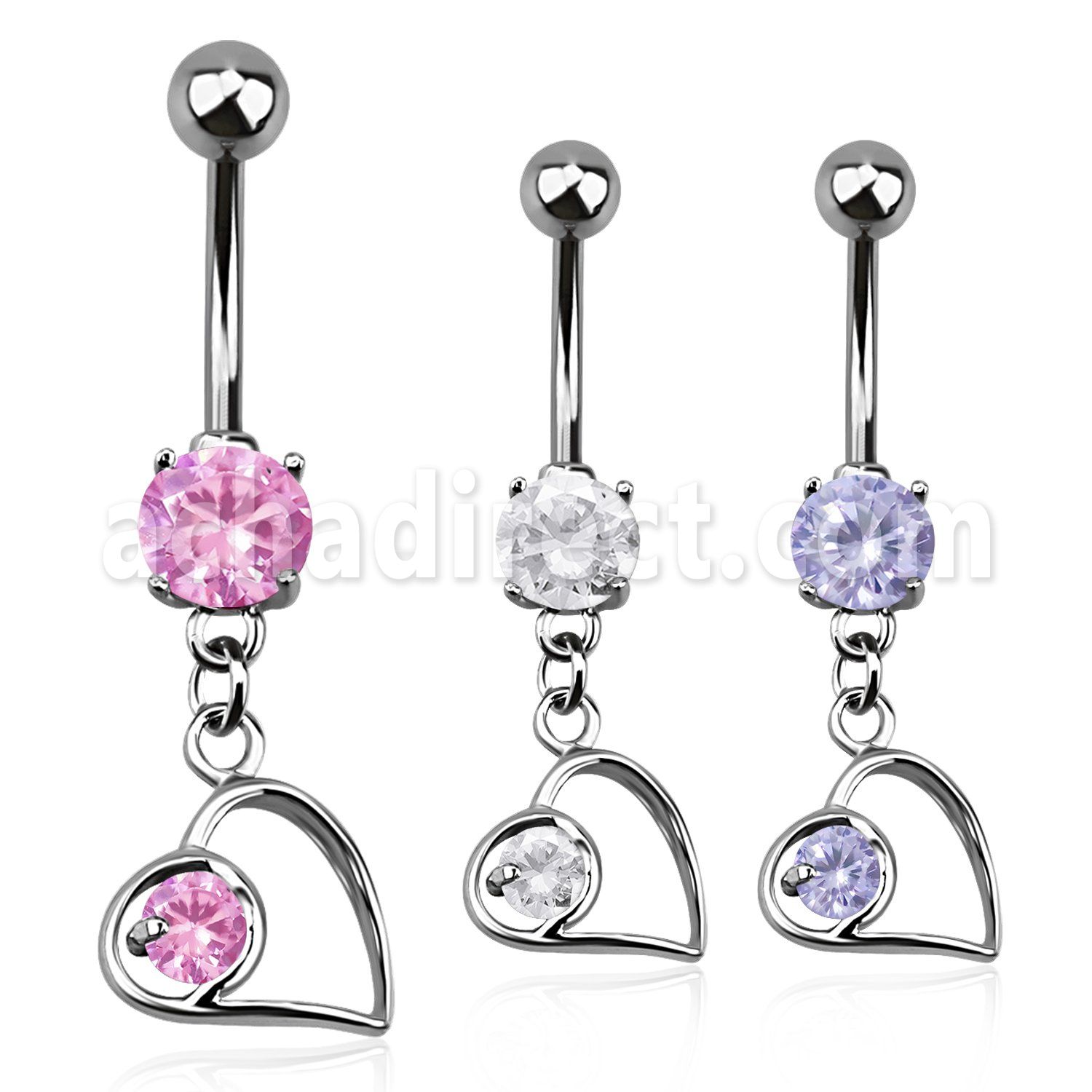 mcdz66 piercing ombligo acero quirurgico zirconia 8mm corazon tumbado colgado zirconia redonda distribuidor mayorista