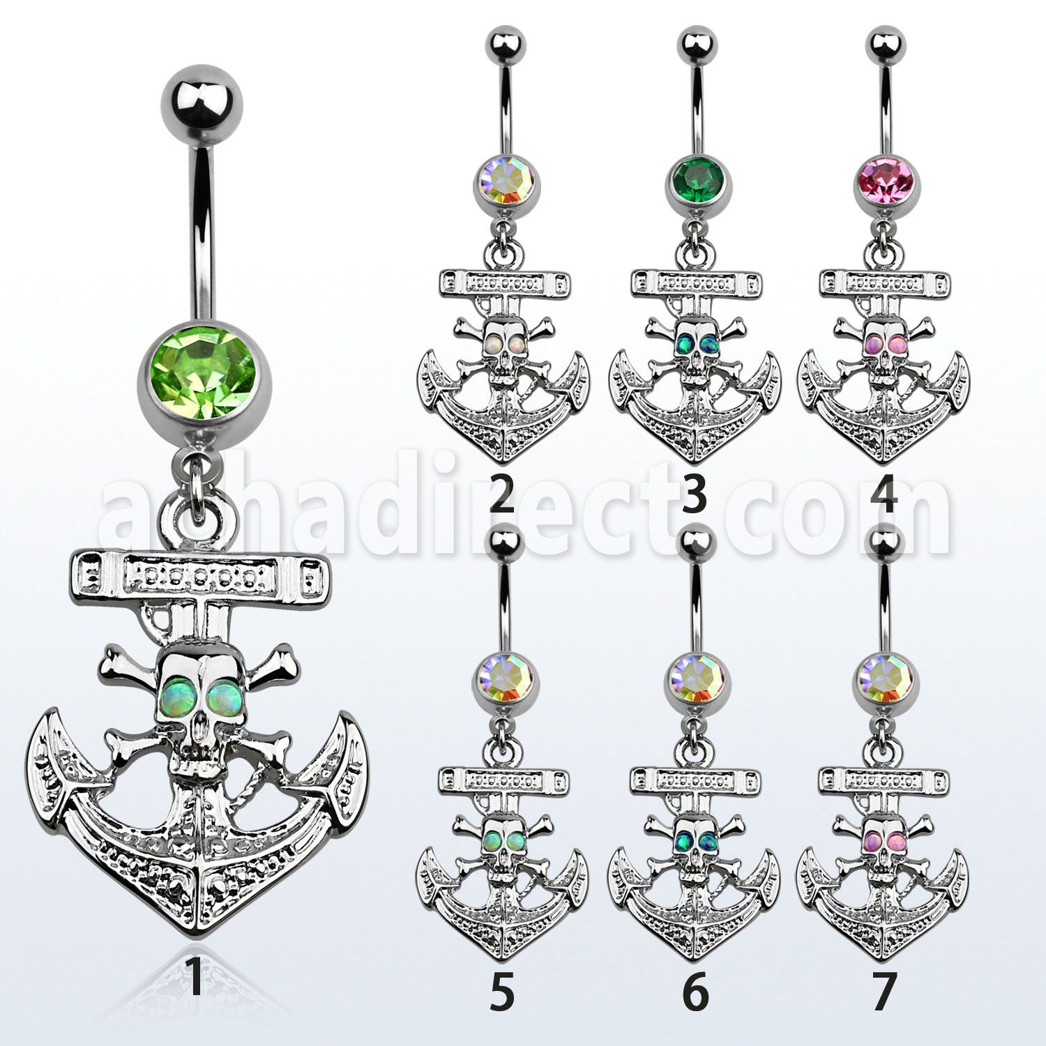 mcop691 piercing ombligo acero quirurgico bola joya bisel 8mm ancla calavera opalos sinteticos como ojos 10mm distribuidor mayorista